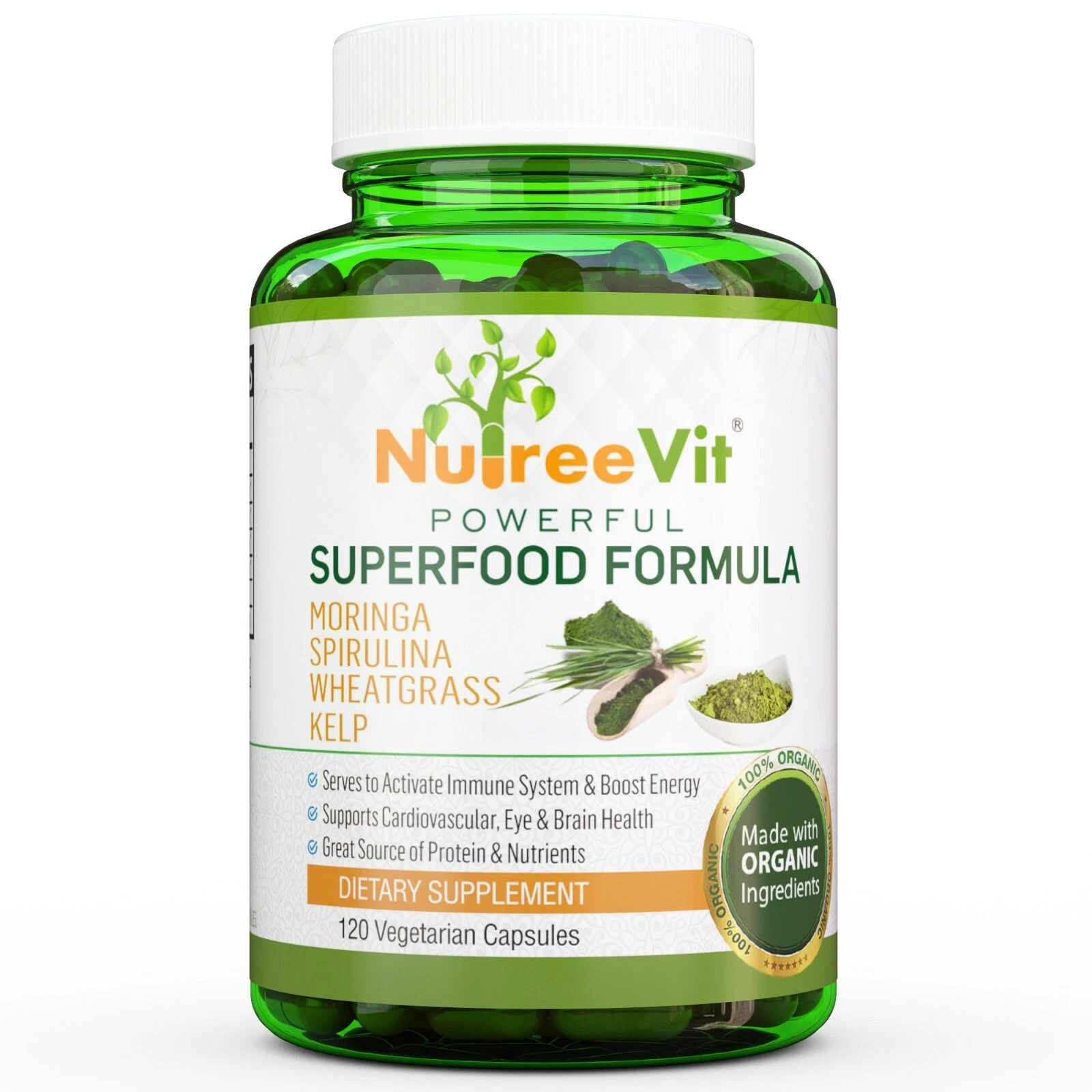 PURE ORGANIC SUPERFOOD-MORINGA SPIRULINA WHEATGRASS KELP VEGGIE CAPSULES (500mg)