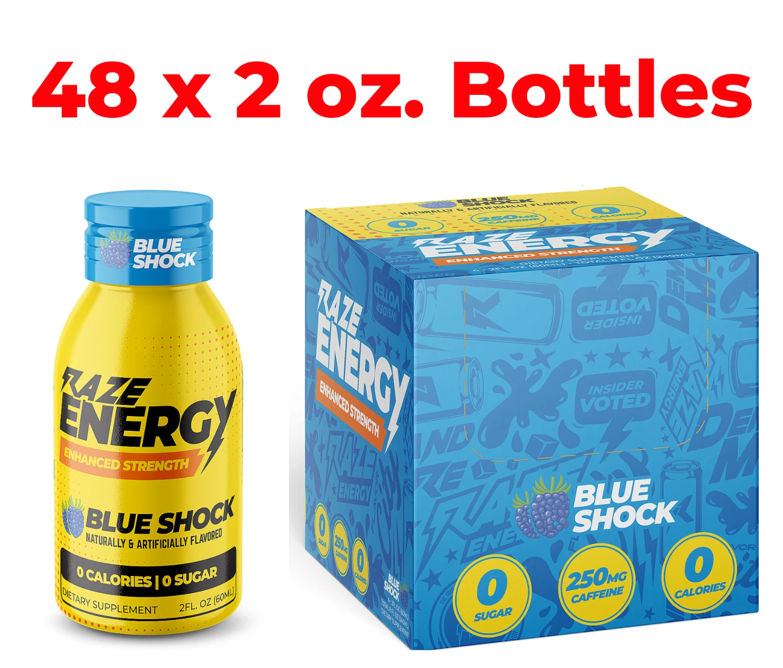 [256776880224] RAZE Energy Shots w/250mg Caffeine Blue Shock - 48 x 2 oz. Bottles