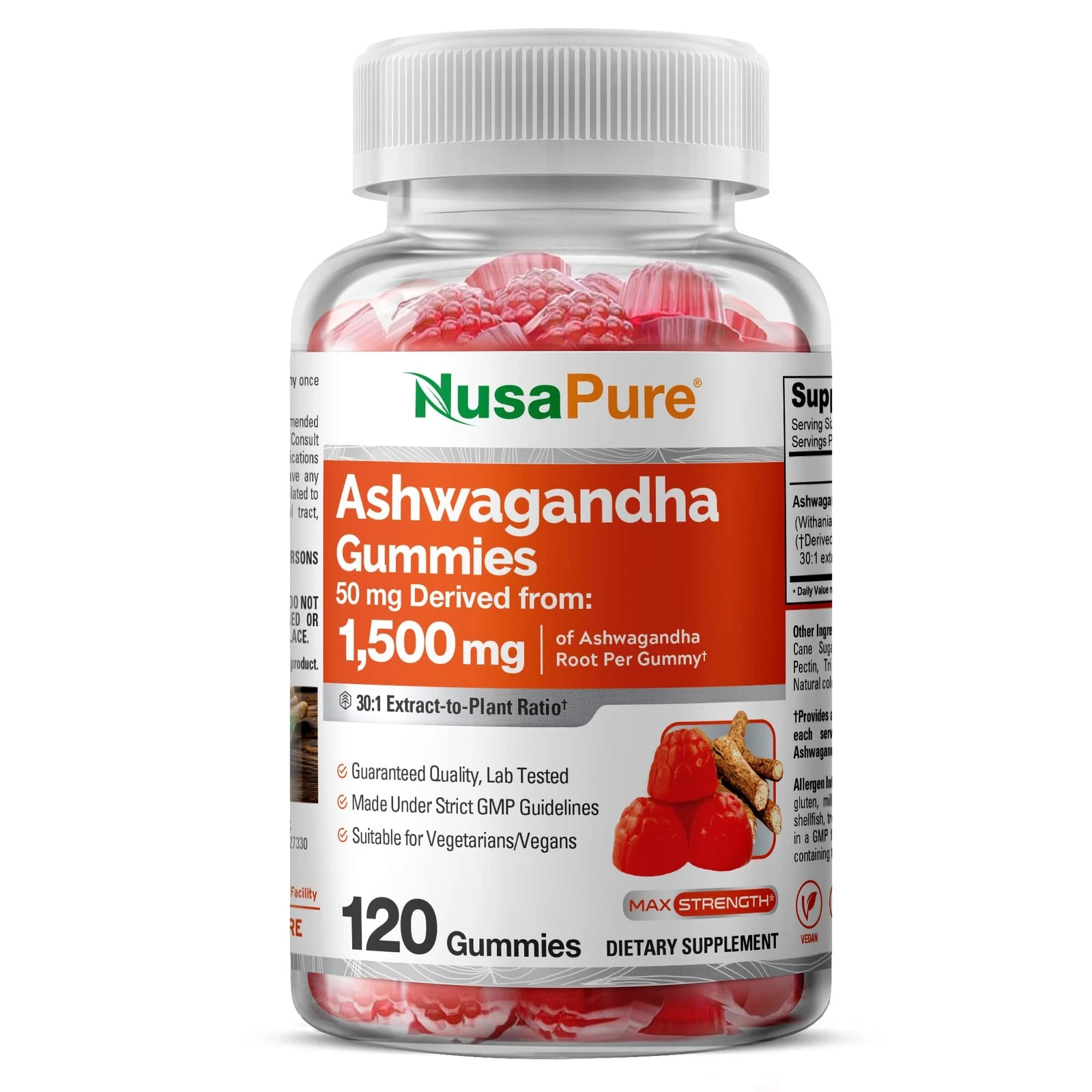 NusaPure Ashwagandha Root 30:1 Extract 1,500 mg 120 Gummies Non-GMO