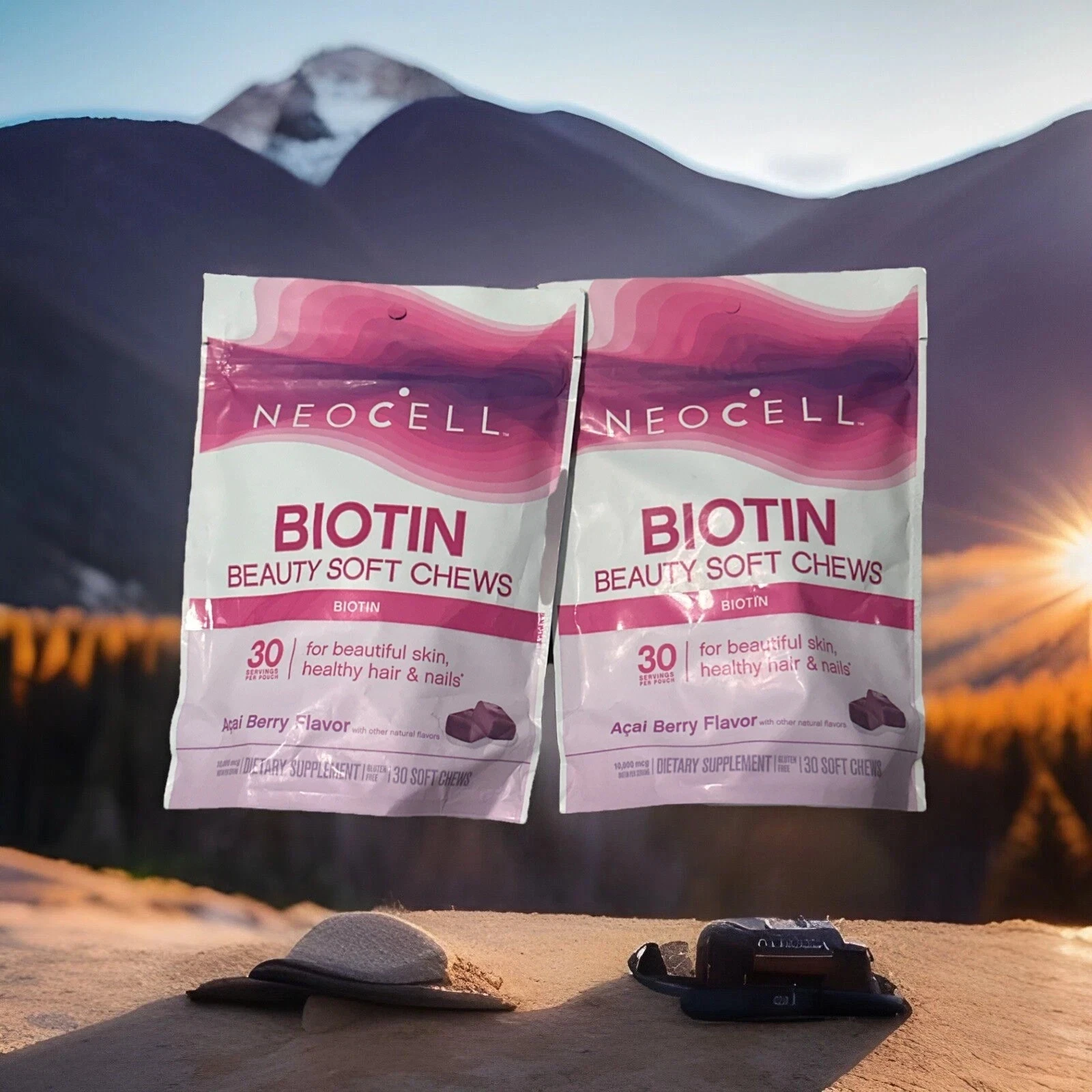 [388689480037] LOT OF 2 - NEOCELL Biotin Beauty Soft Chews Acai Berry - 30 Ct Bags NEW & SEALED