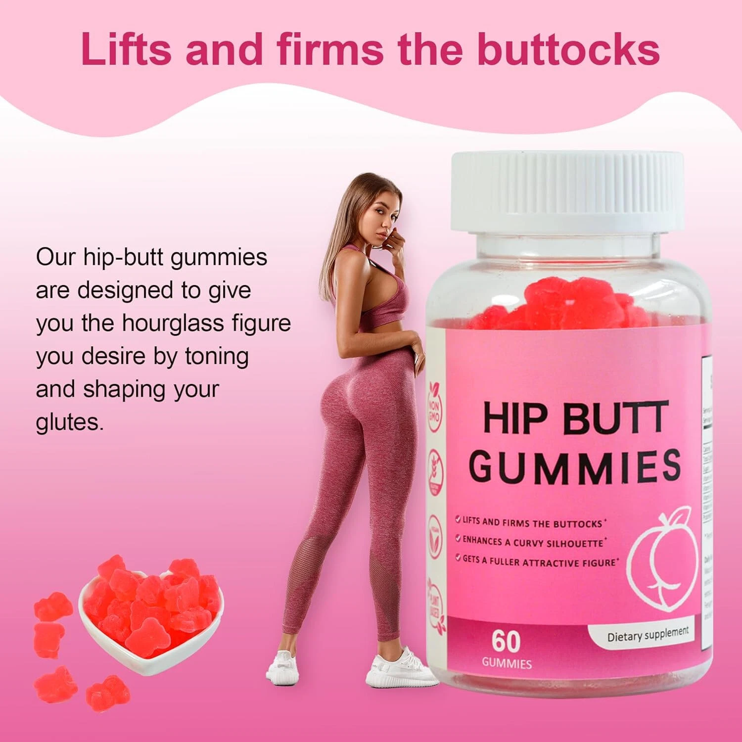 Hip Butt Gummies BBL Gummies Butt Lift Gummies, Vitamins A, C, E, B-6 – 60 Count