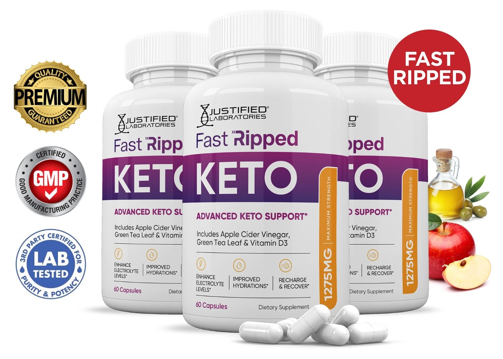 Fast Ripped Keto ACV Pills 1275 MG Stronger Than Gummies Keto Support 3 Bottles