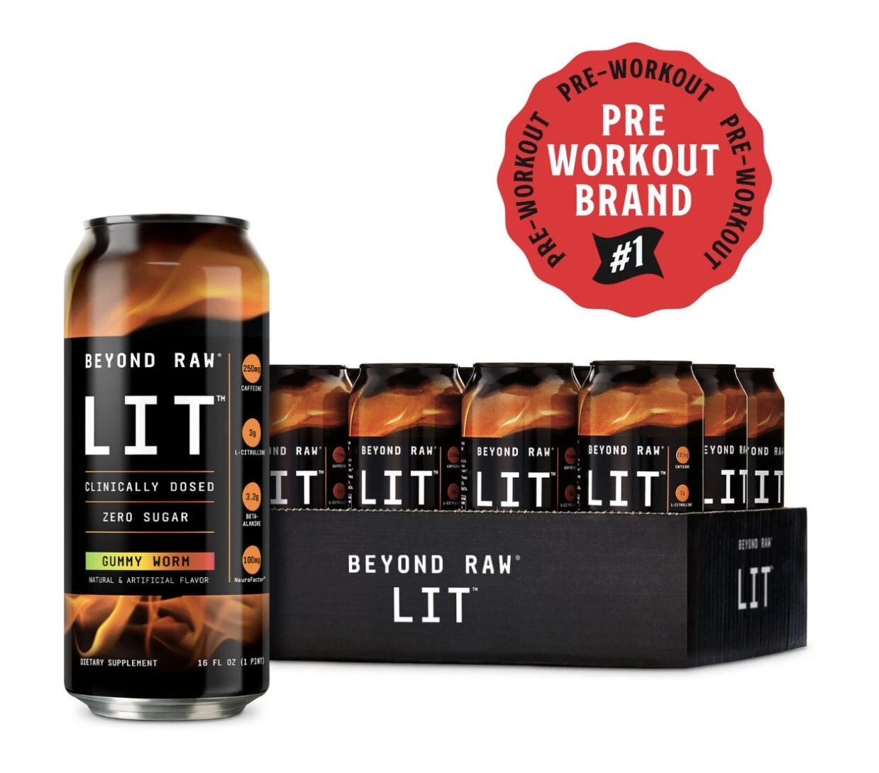 Beyond Raw LIT, Pre-Workout Energy, Caffeine | Gummy Worm, 12 Cans