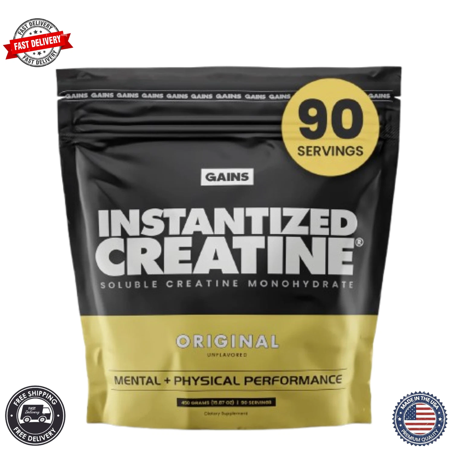 Gains in Bulk Instantized Creatine Monohydrate for Women and Men - 90 Servings