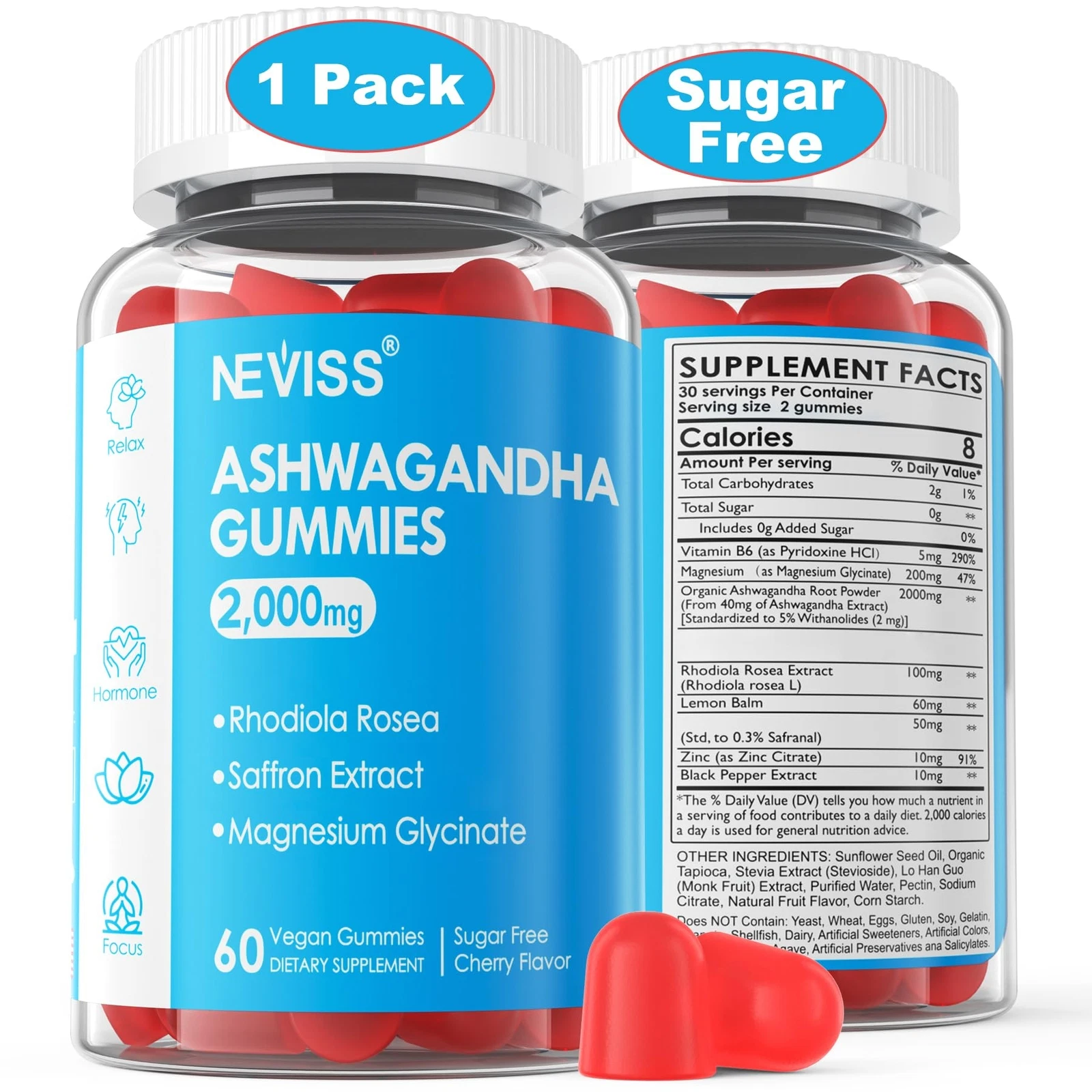 Sugar Free Ashwagandha Gummies 2000mg - with Magnesium Glycinate Rhodiola Ros...