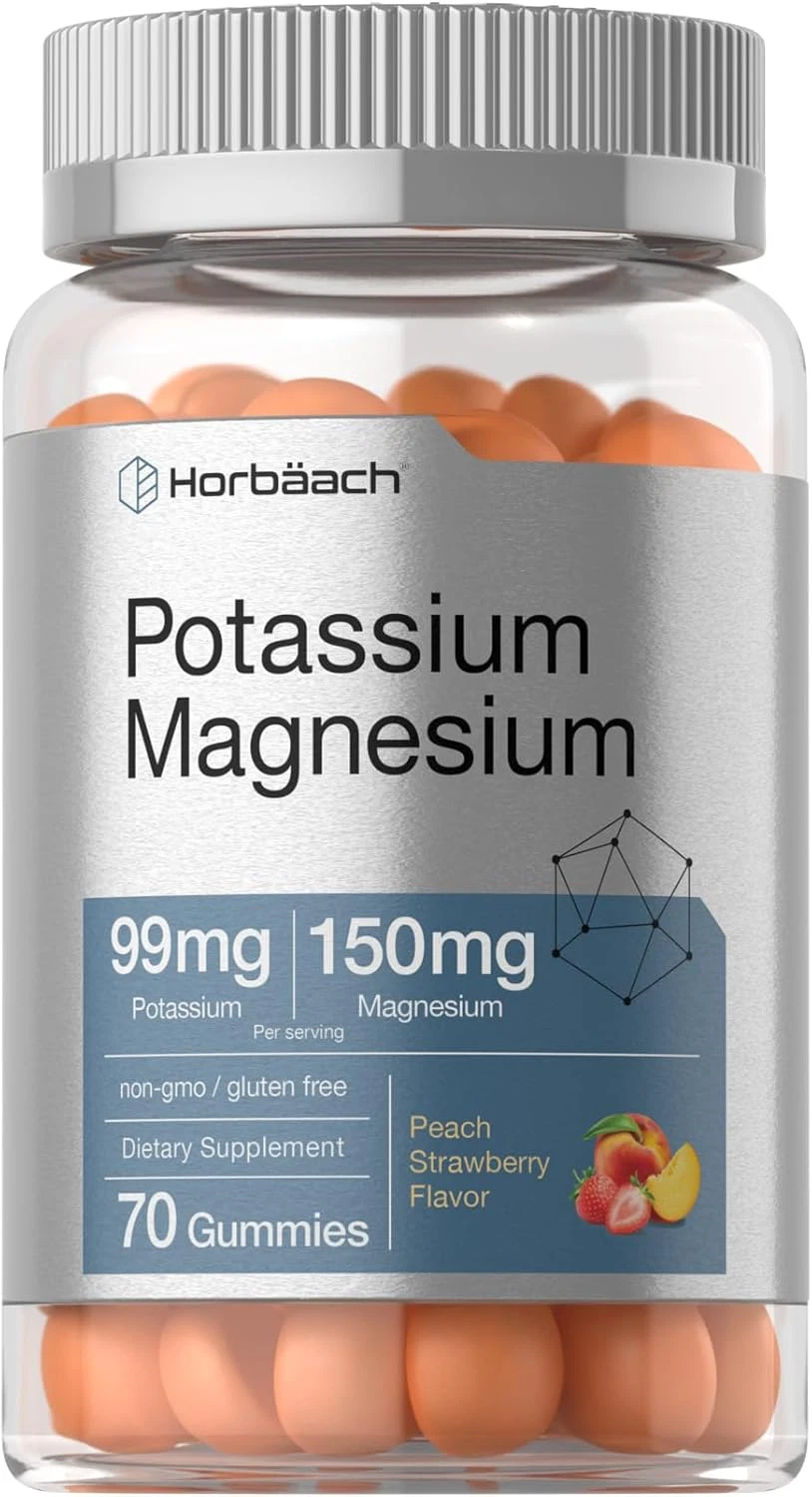 Horbaach Potassium Magnesium Supplement Gummies, 70 Count Vegan Peach Strawberry