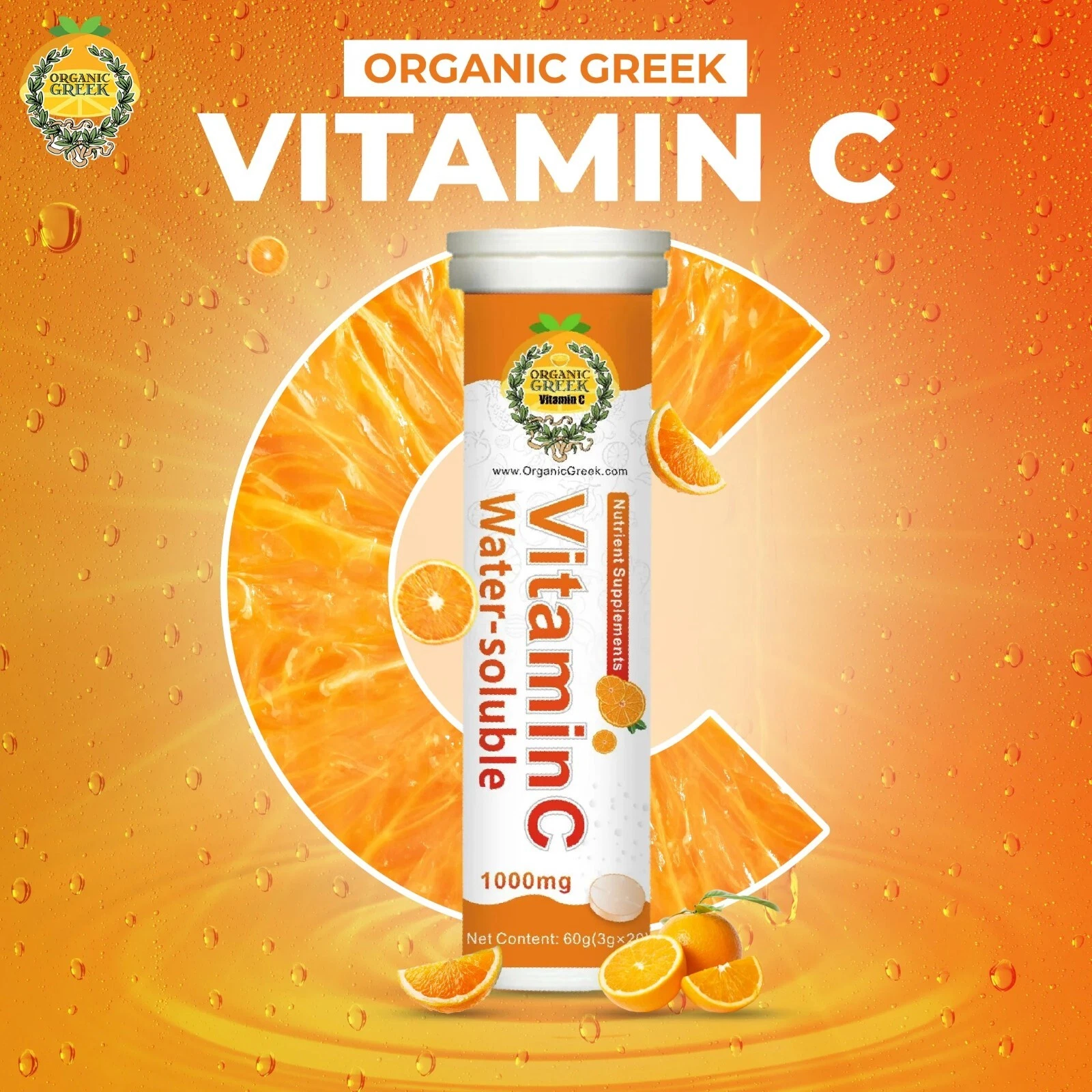 Organic Greek Premium Extra Strength Vitamin C 1000mg Soluble Vegan 20 Tablets