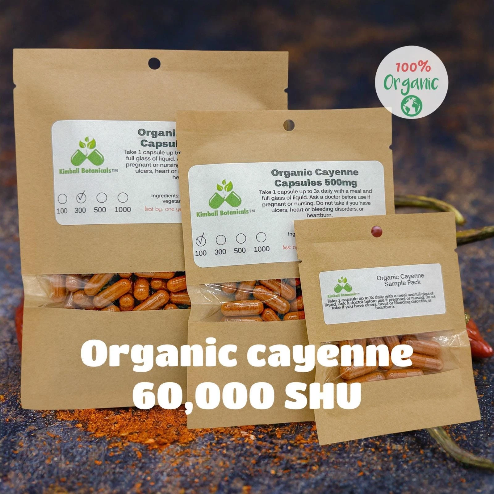 Organic Cayenne Pepper 60,000 SHU, 500mg and 650mg vegetarian or pullulan