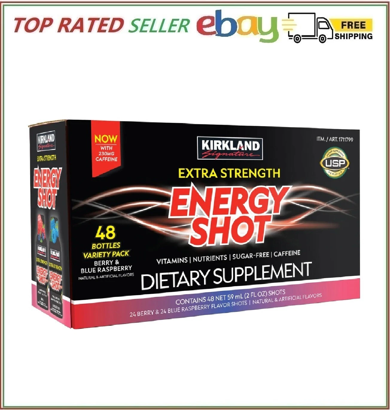 Kirkland Signature Extra Strength Energy Shot, 48 Bottles, 2 Oz Each, 2 Flavors