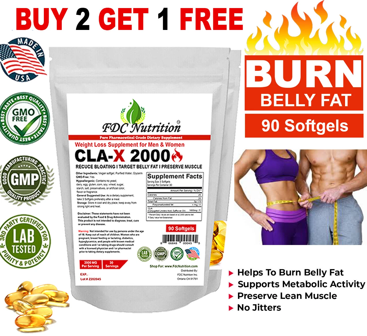 CLA Belly Fat Burner Pills - Stomach Weight Loss Supplement for Men & Women