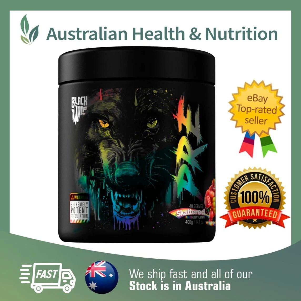 [146594569947] BLACK WOLF NUTRITION PRE 40 SCOOPS RAINBOW CANDY + FREE SAME DAY POST