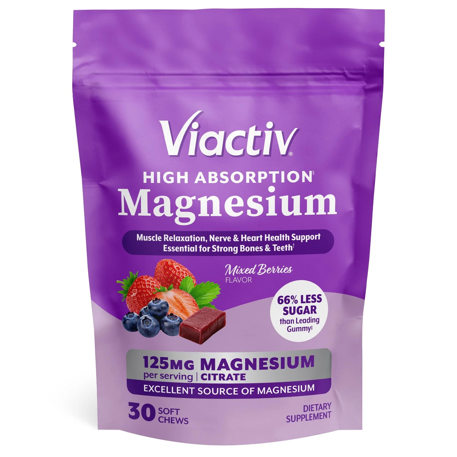 Magnesium Chews, High Absorption Citrate, Mixed Berries, Less Sugar, 30ct