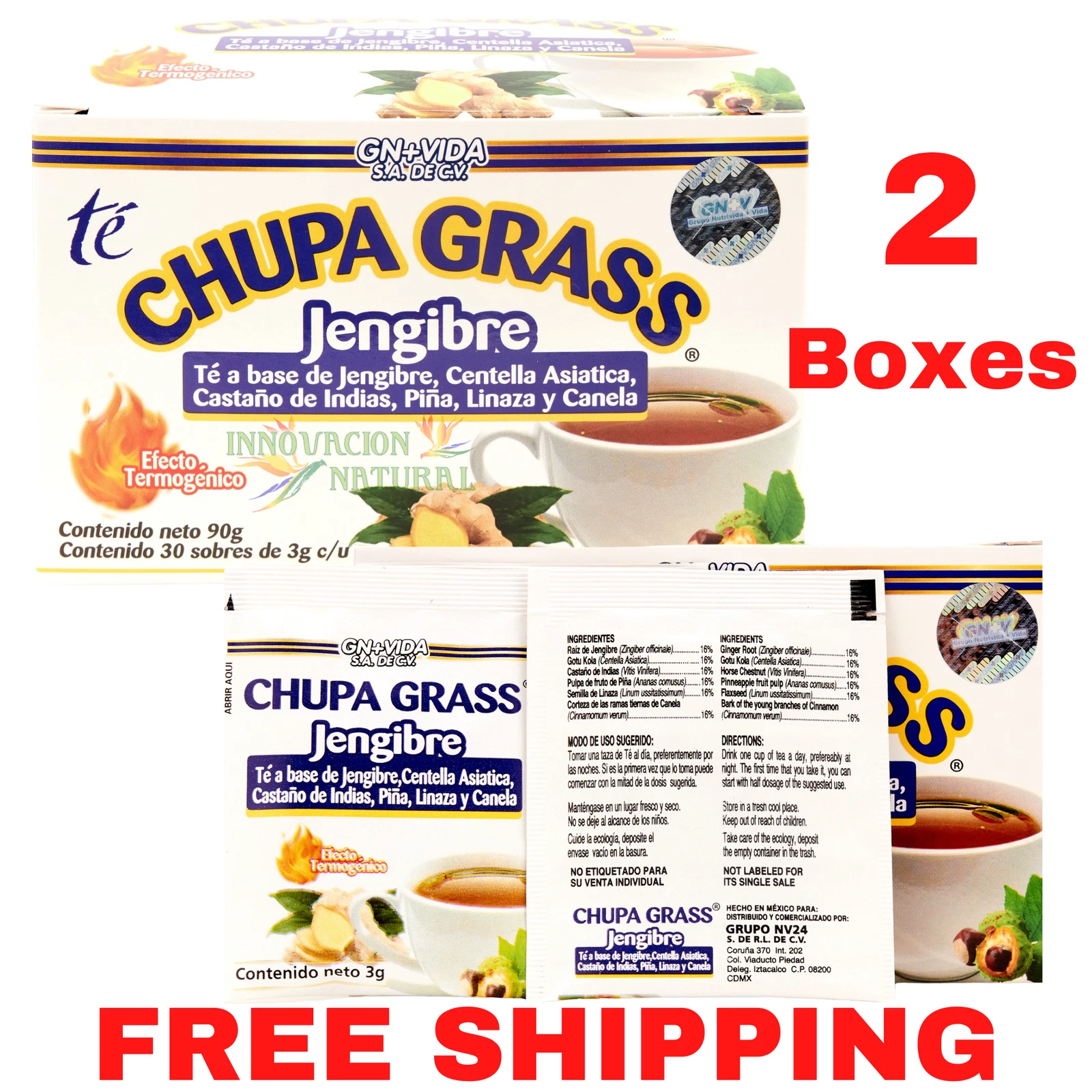 2 PACK Chupa Grass Ginger Jengibre Thermogenic Tea 60 Day Supply Linaza Flax Tea