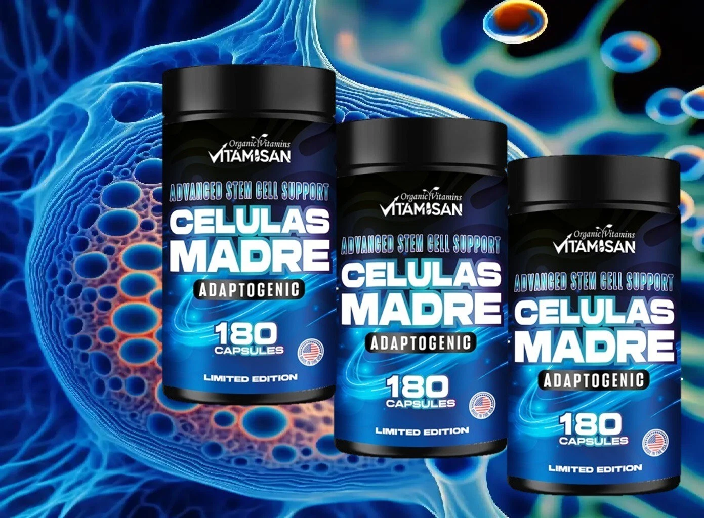 3 PLUS STEM CELLS LIONS MANE CELULAS MADRES Adaptogenic 180 caps LIFE ENHANCER