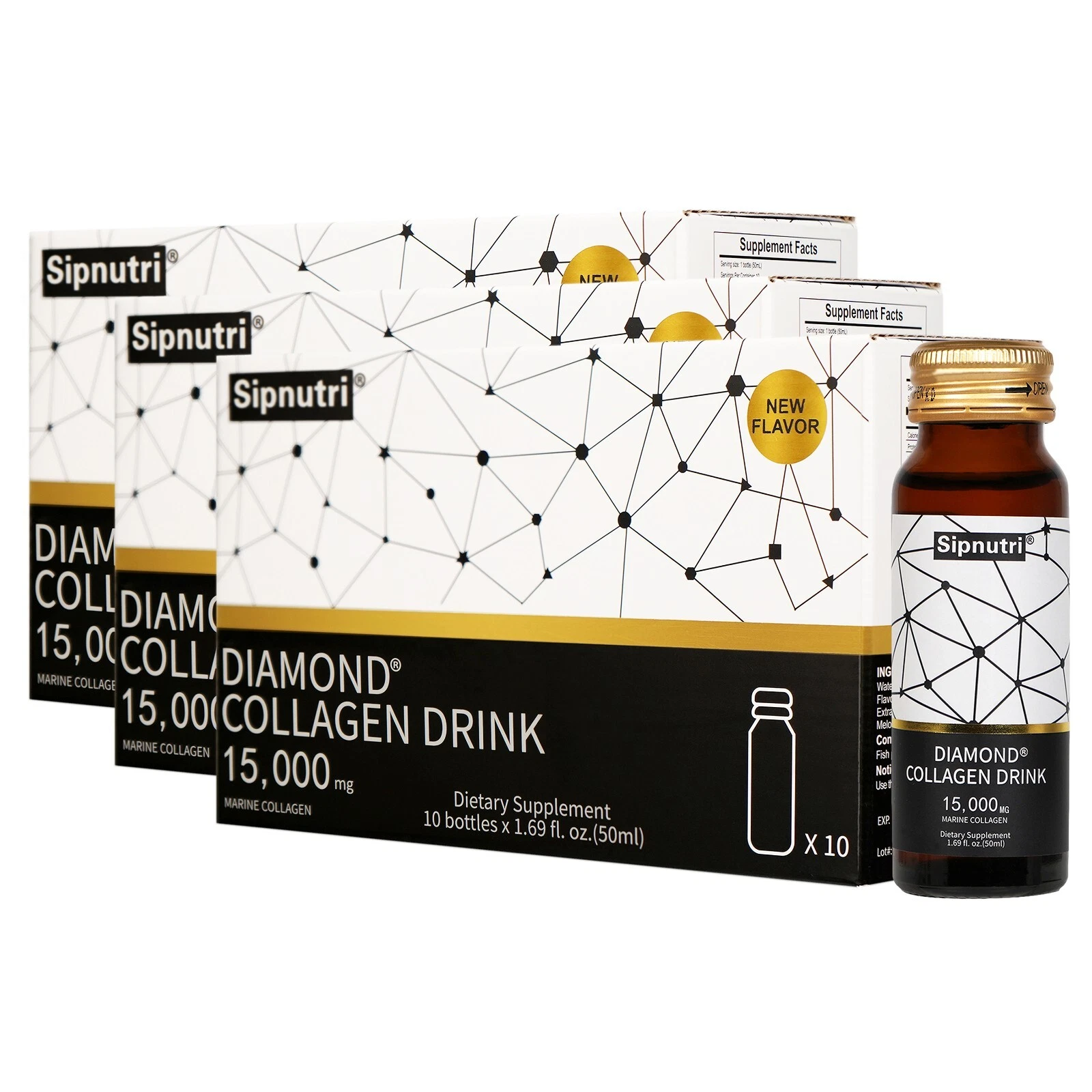 Sipnutri Liquid Collagen Drink 15000mg Hydrolyzed Marine Fish Collagen 3 Boxes