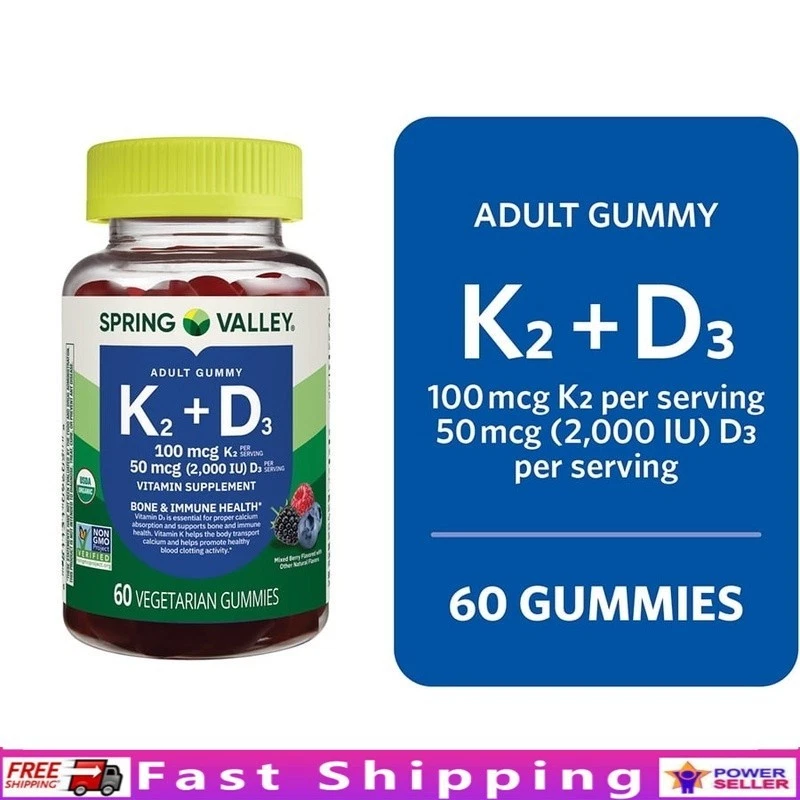 Vitamin K2 D3 Gummies Bone Immune Health Vegetarian 60 Count Non-GMO Mixed Berry