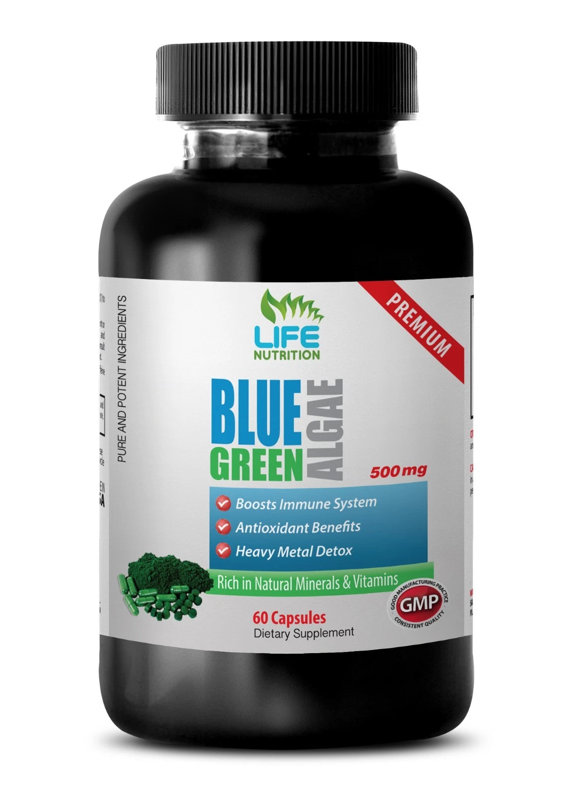 Spirulina Organic - Klamath Blue Green Algae 500mg Capsules (1 Bottle 60 Caps)
