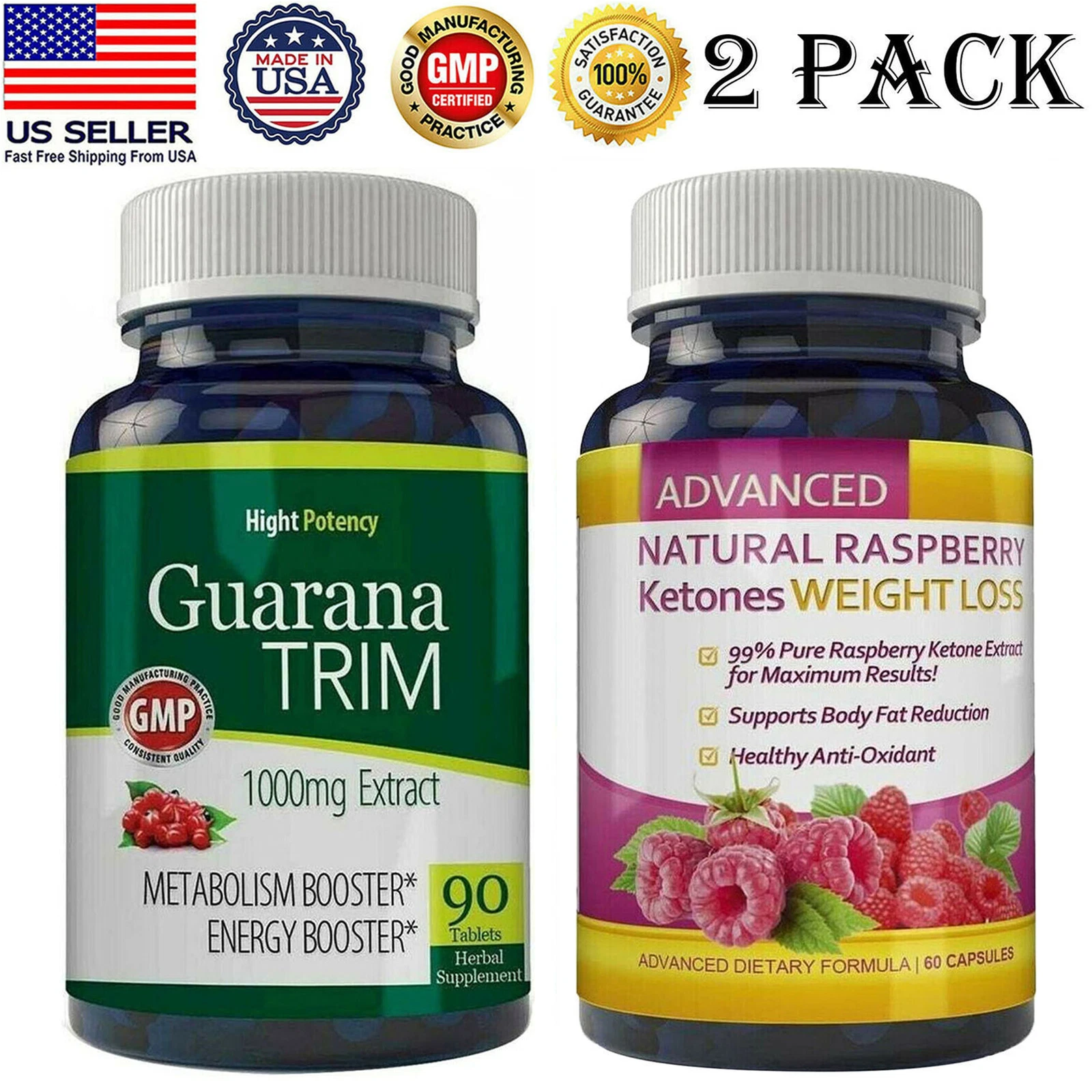 Guarana Seed Energy Booster and Raspberry Ketone Fat Burn Weight Loss Supplement