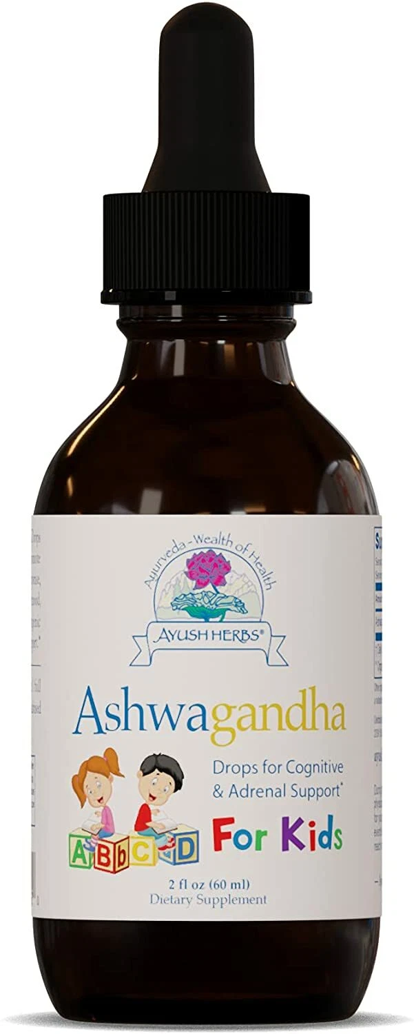 Ayush Herbs Ashwagandha Drops for Kids - Cognitive & Adrenal Support - 2 floz