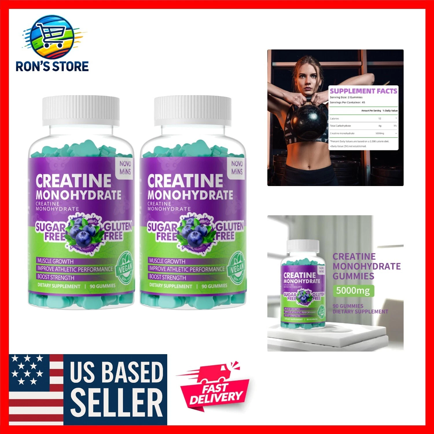 Creatine Monohydrate Gummies - 180 Blueberry Chewables for Muscle Boost
