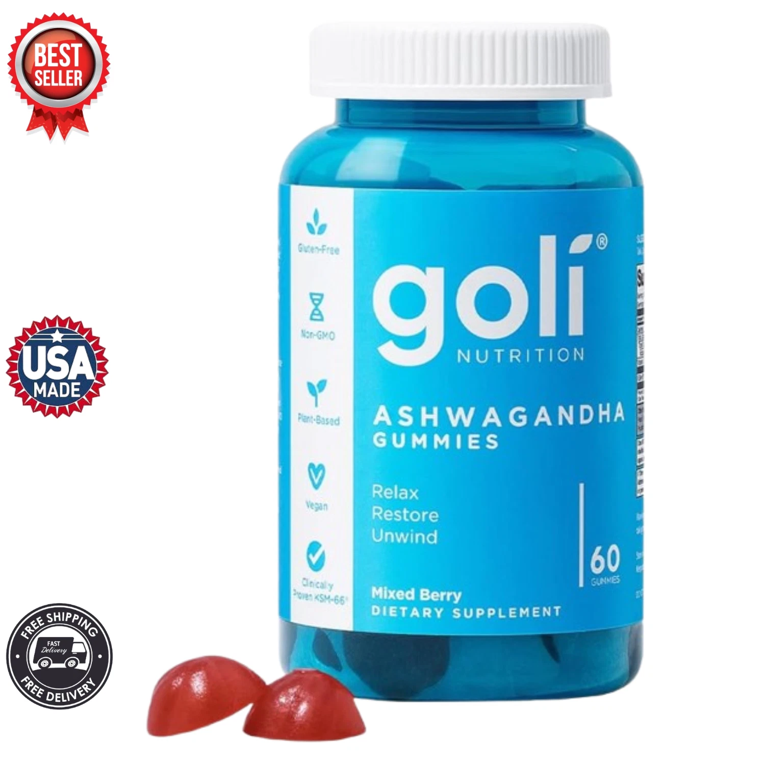 Goli Ashwagandha & Vitamin D Gummy - 60 Count, Restore. Unwind, Pack of 1