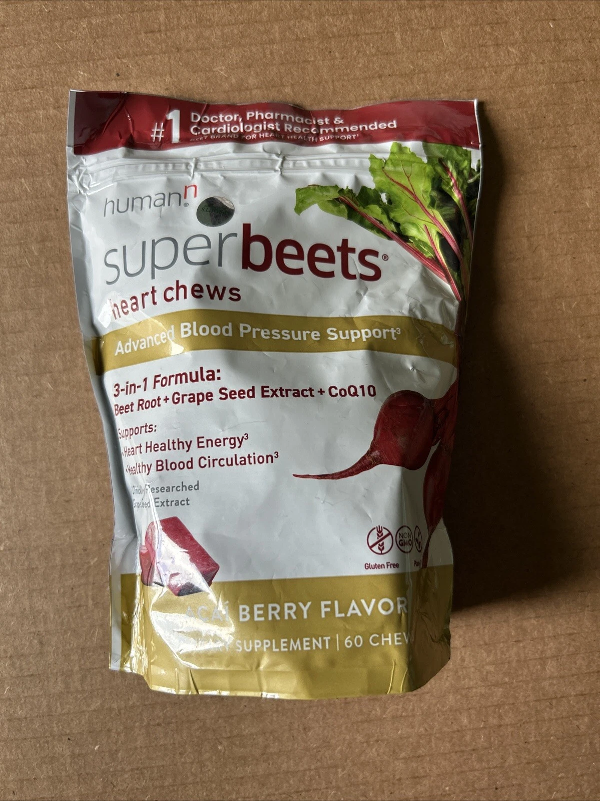 humanN SuperBeets Heart Chews Advanced 3-in-1 Grape Seed CoQ10 60 ct Exp 08/2025