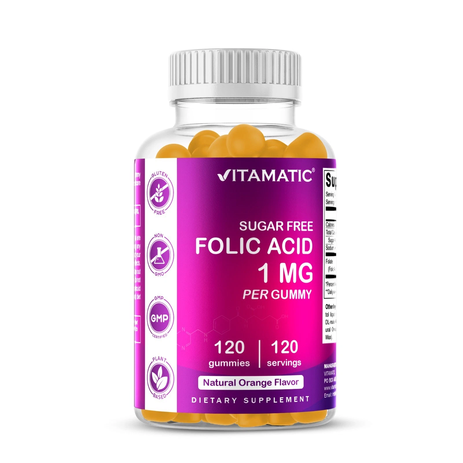 Vitamatic Folic Acid Gummies 1000 mcg (1 mg) Vitamin B9 - 120 Vegan Gummies