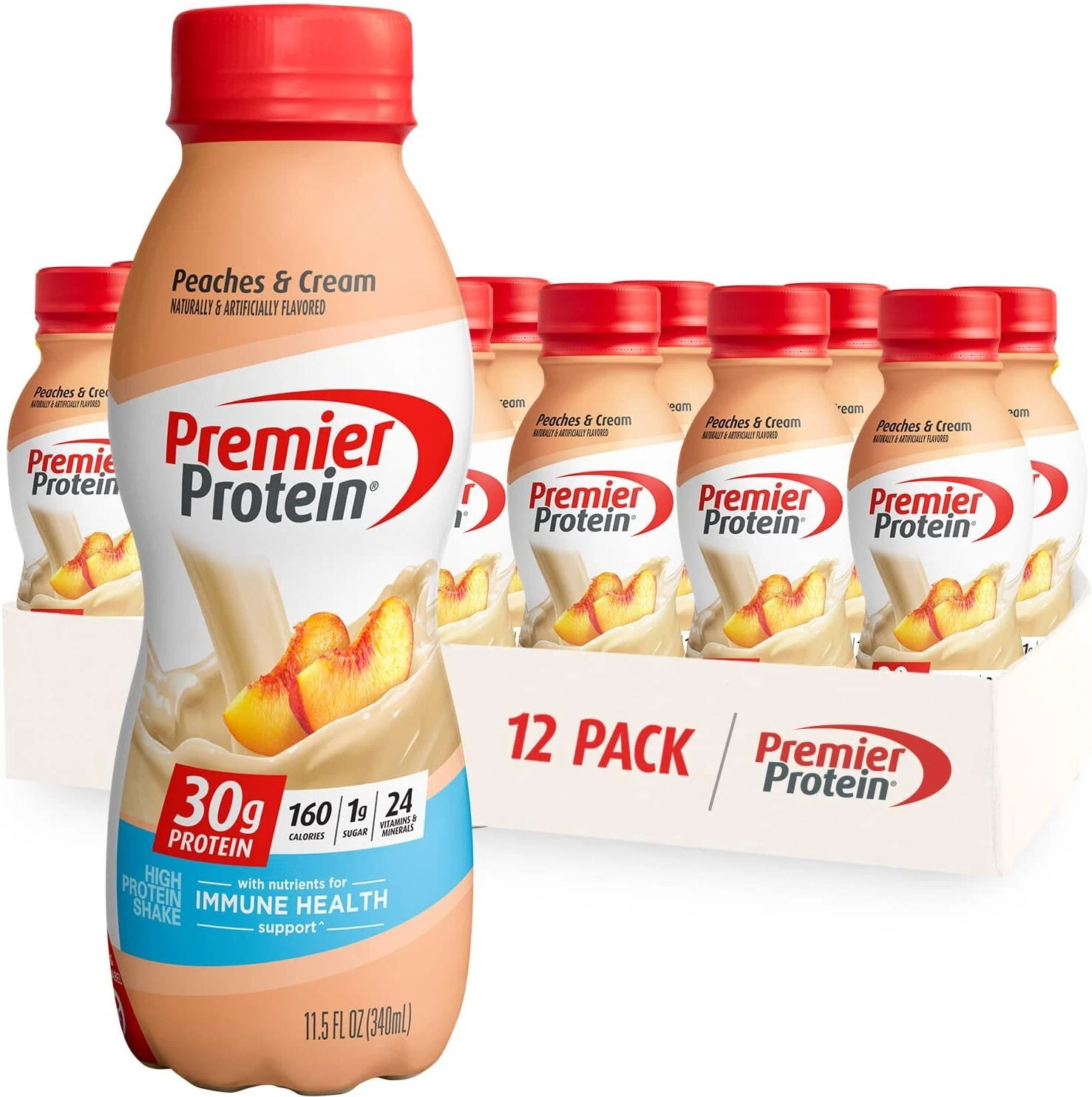 (12 Pack) Premier Protein Immune Nutrition Shake, Peaches & Cream, 11.5 Fl Oz