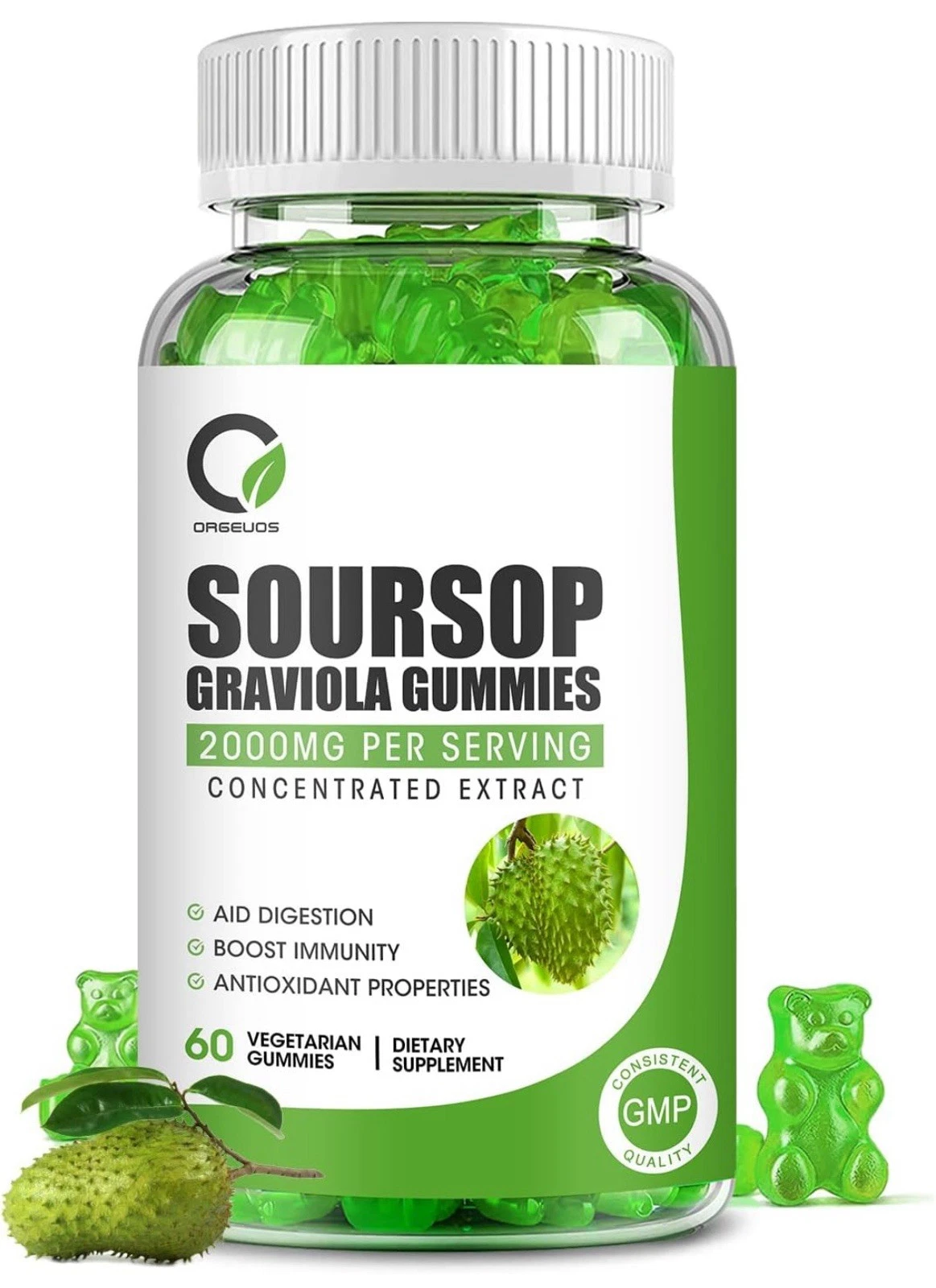 [316663595008] Soursop Graviola Gummies, Organic Soursop Leaves and Seeds Extract 2000mg wit...
