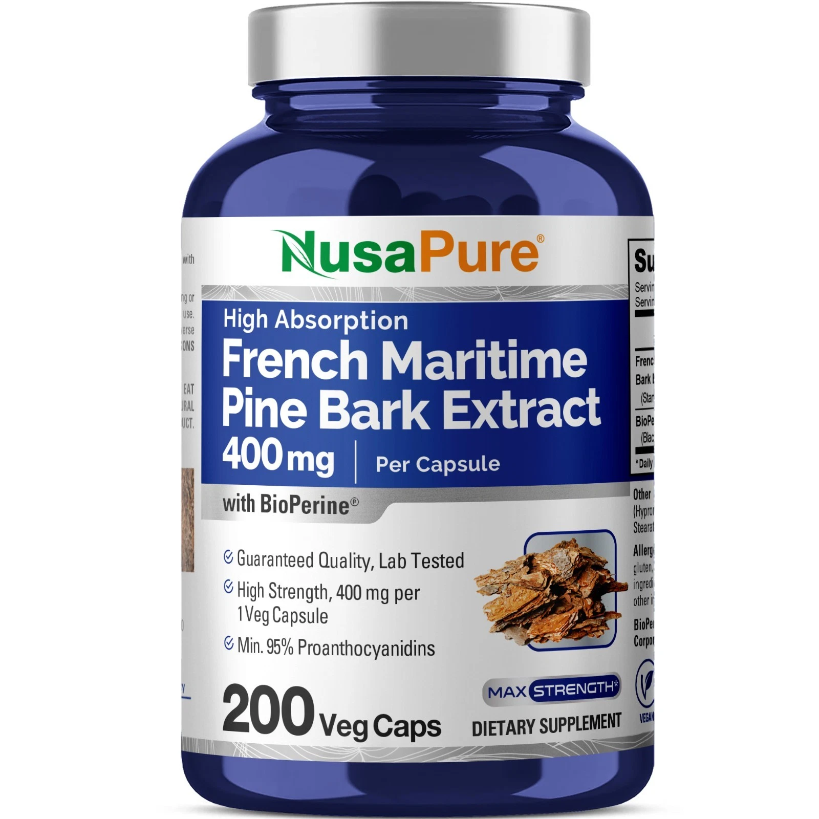 NusaPure French Maritime Pine Bark Extract 400mg per Veggie Caps 200-Day