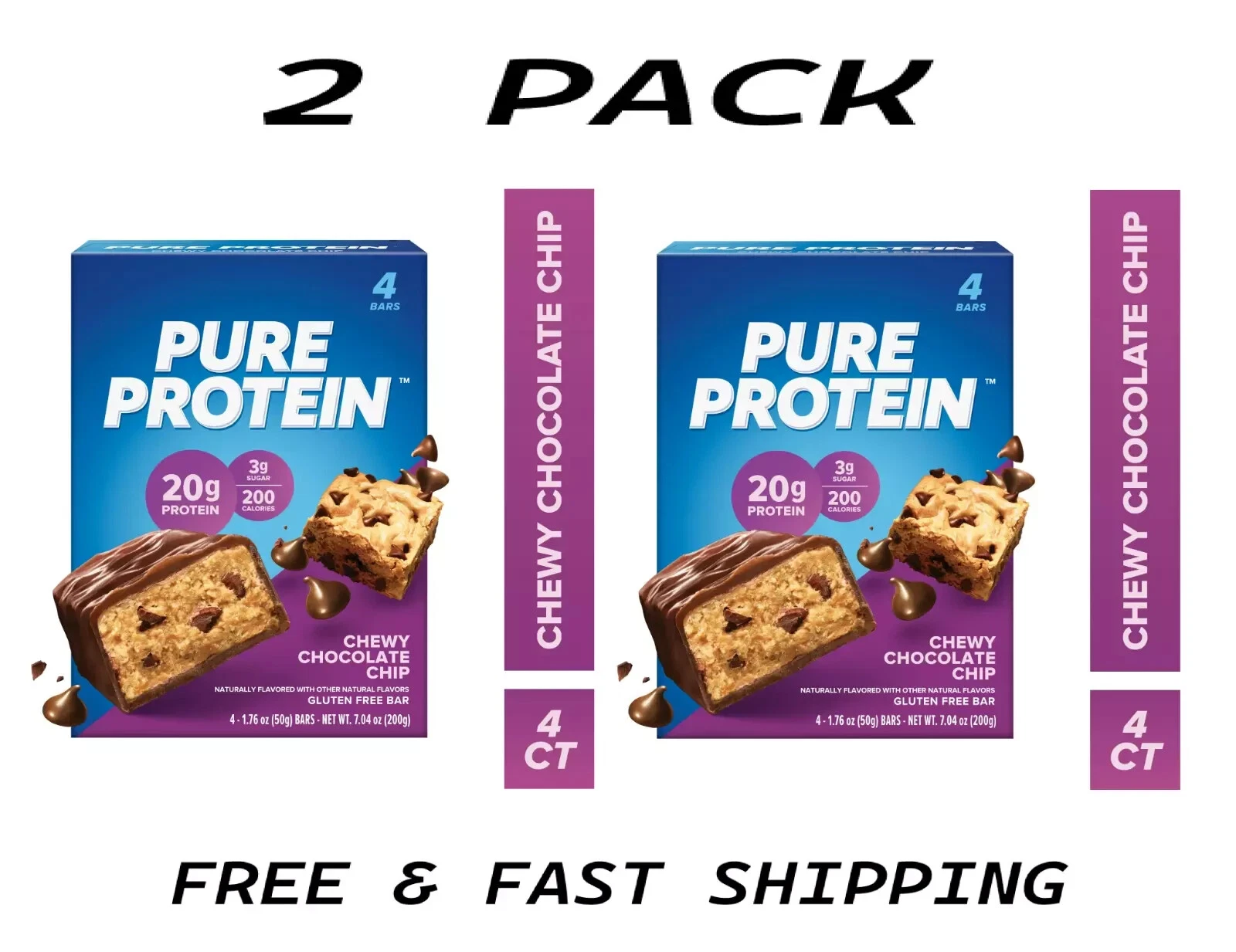 Pure Protein Bars, Chewy Chocolate Chip, 20g, Gluten Free, 1.76 oz (Pack Of 2)