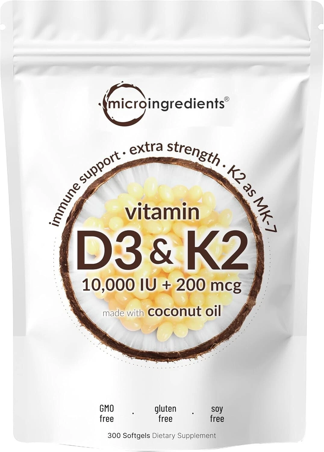 Microingredients Vitamin D3 10000 iu K2 (MK-7) 200 mcg, 300 Coconut Oil Softgels