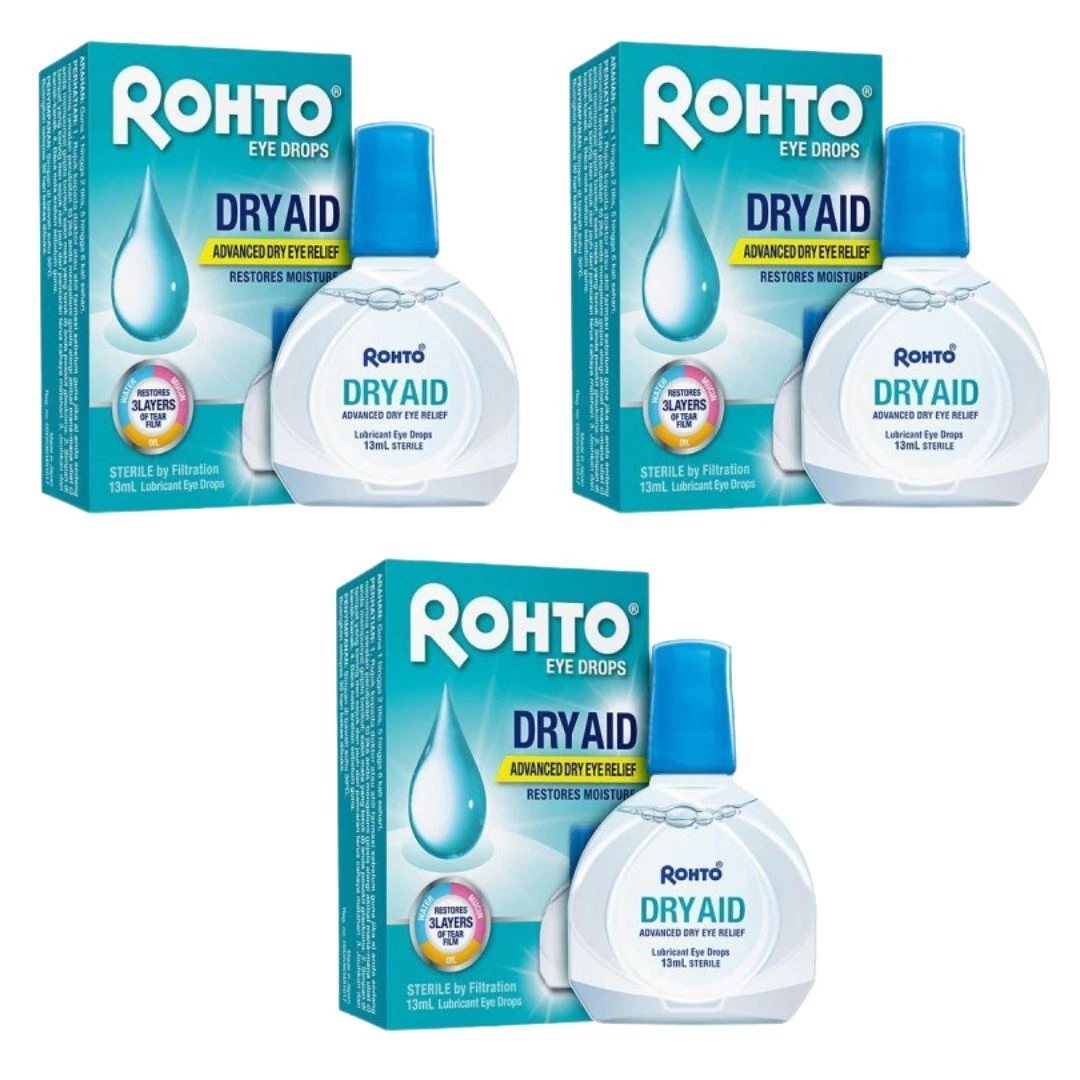 3 x ROHTO DRY AID ADVANCED DRY EYE RELIEF MOISTURE EYE DROPS 13ML FREE SHIPPING