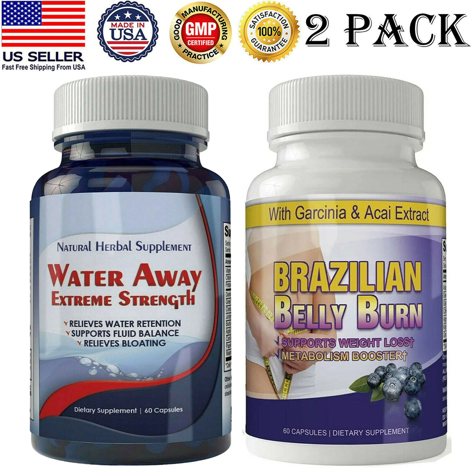 Diuretic Water Away 700mg Pills Brazilian Belly Burn Weight Loss Capsules 2 Pack