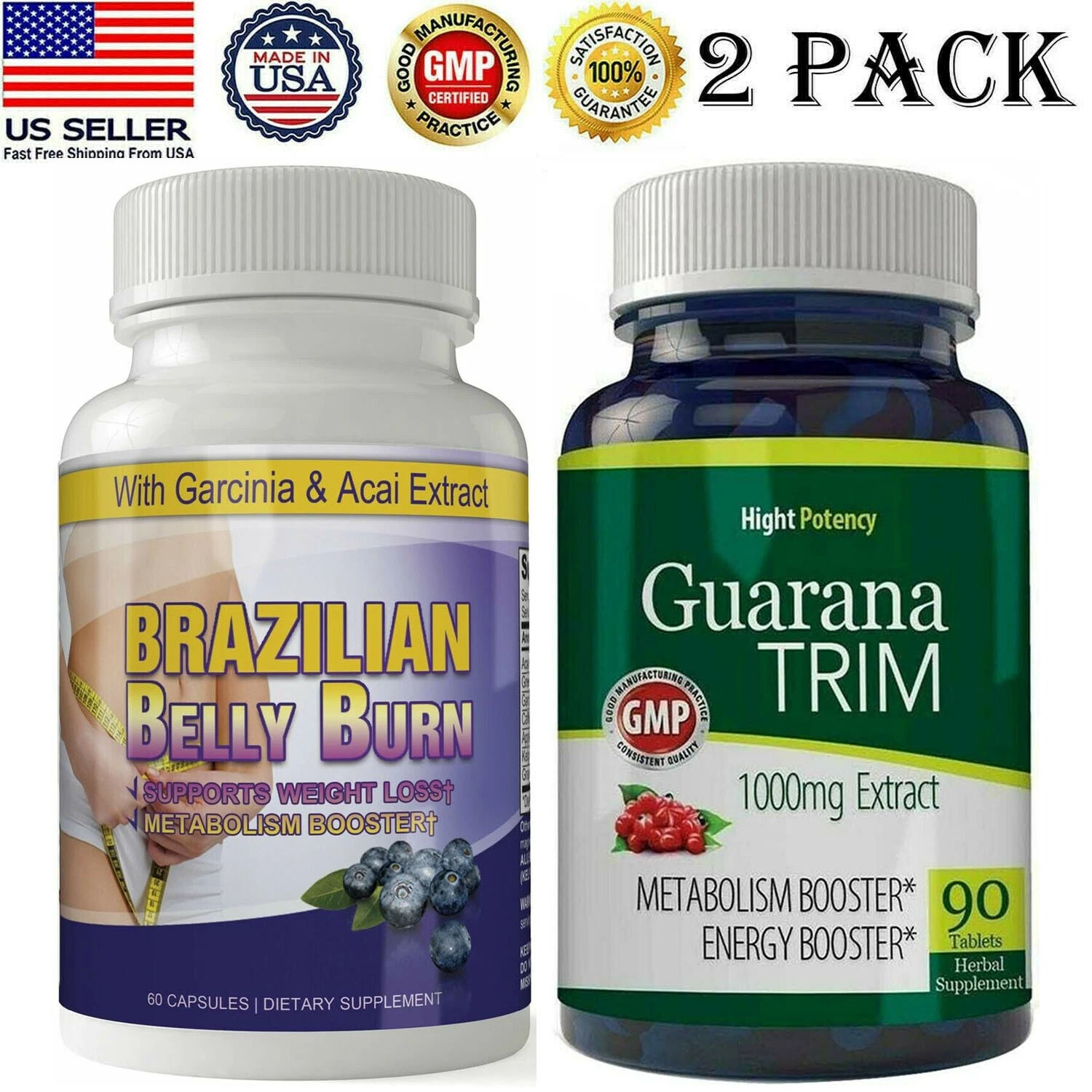 Brazilian Belly Burn Diet Caps Guarana Trim Seed Extract Weight Loss Pills 2pk