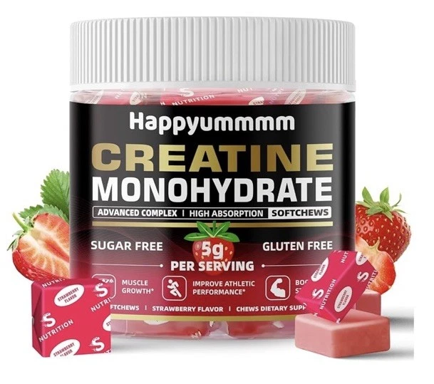Creatine Monohydrate Chews 5g for Men & Women, Preworkout Gummy with Electrolyte