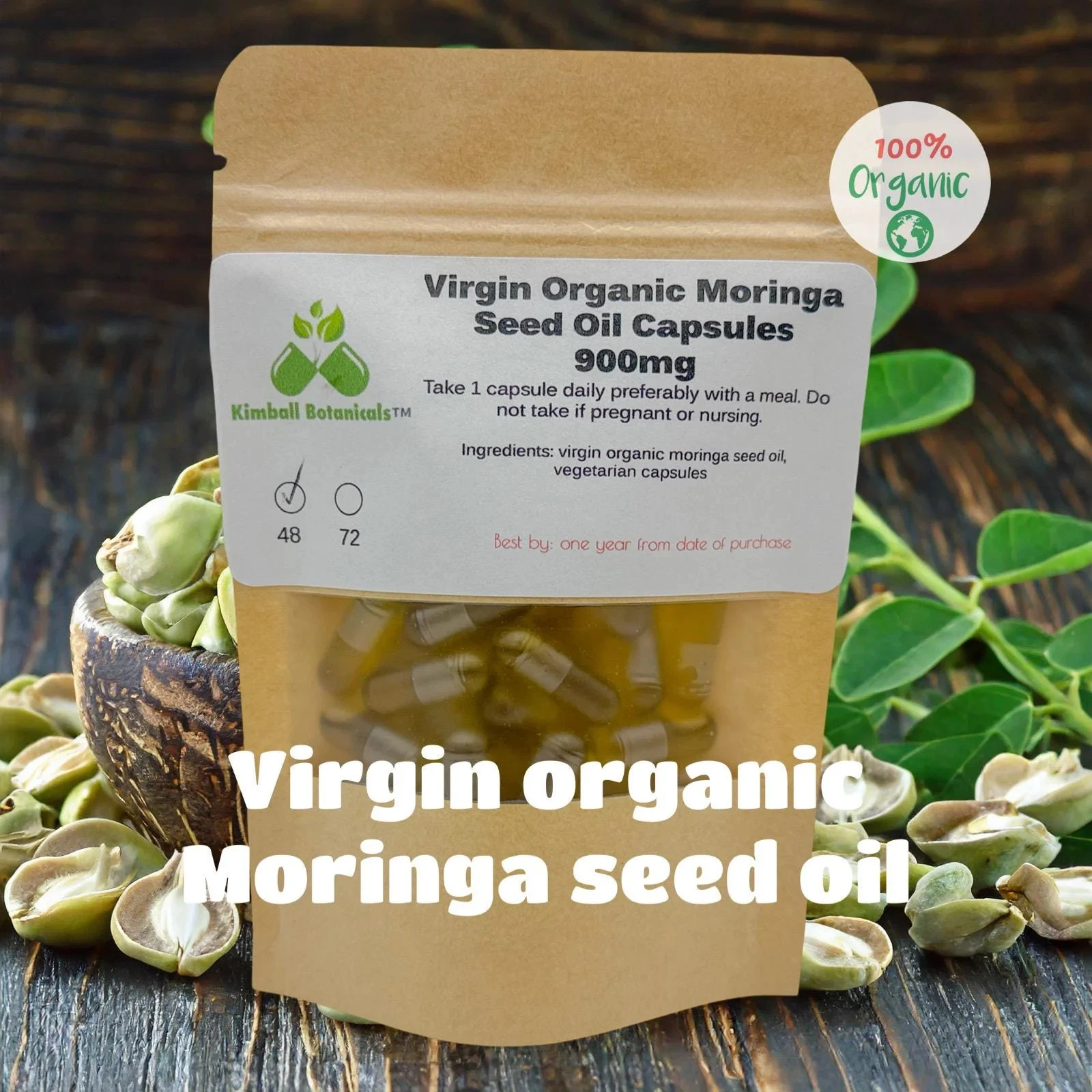 USDA Certified Organic Virgin Moringa Seed Oil Capsules 900mg vegetarian
