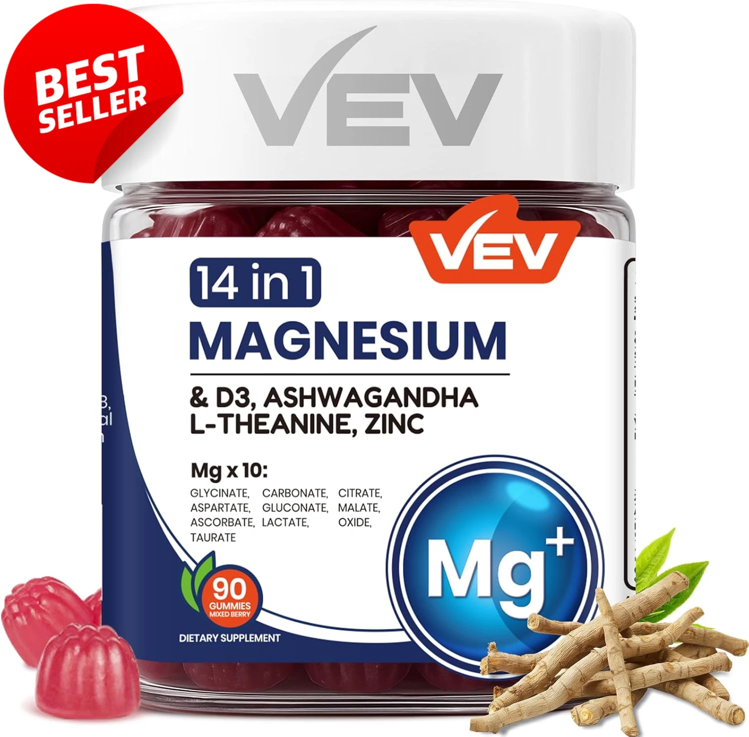 Magnesium Citrate & Glycinate Gummies for Adults – 14 in 1 Magnesium & D3, Ashwa
