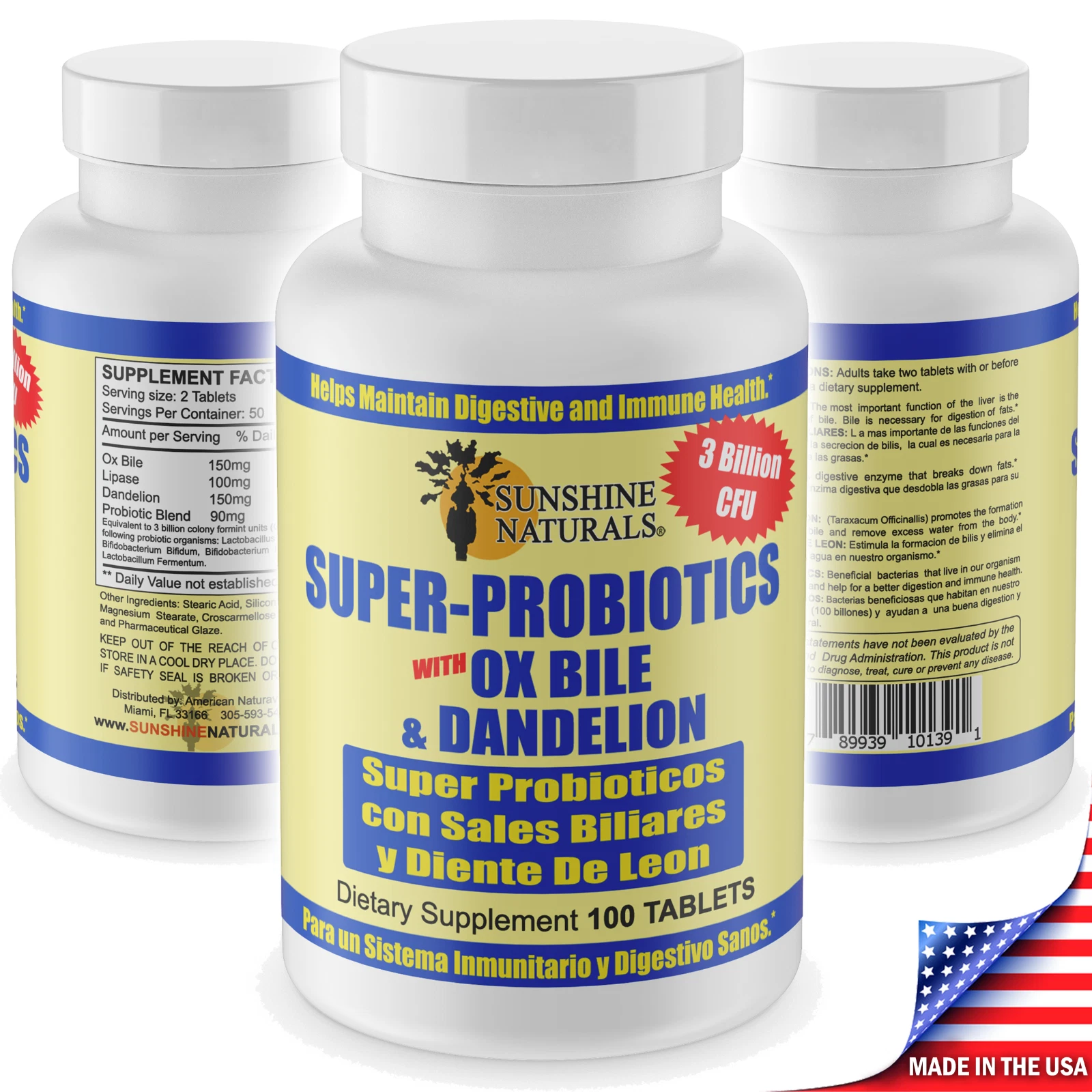 Sunshine Naturals Super Probiotics Sales Biliares 100 Tablets Made in the USA