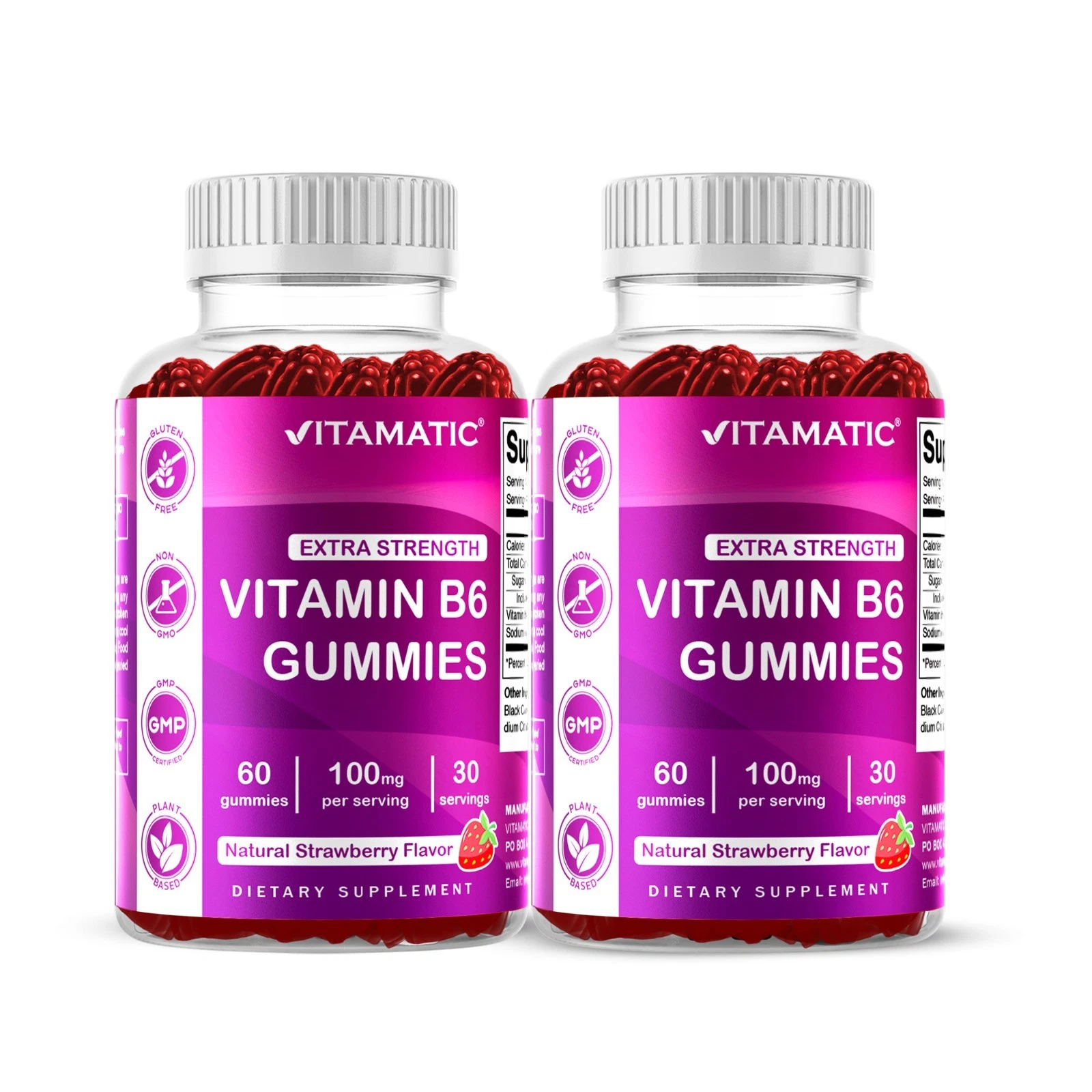 2- Pack Vitamatic Vitamin B6 100mg Strawberry Flavor 60 Pectin Based Gummies