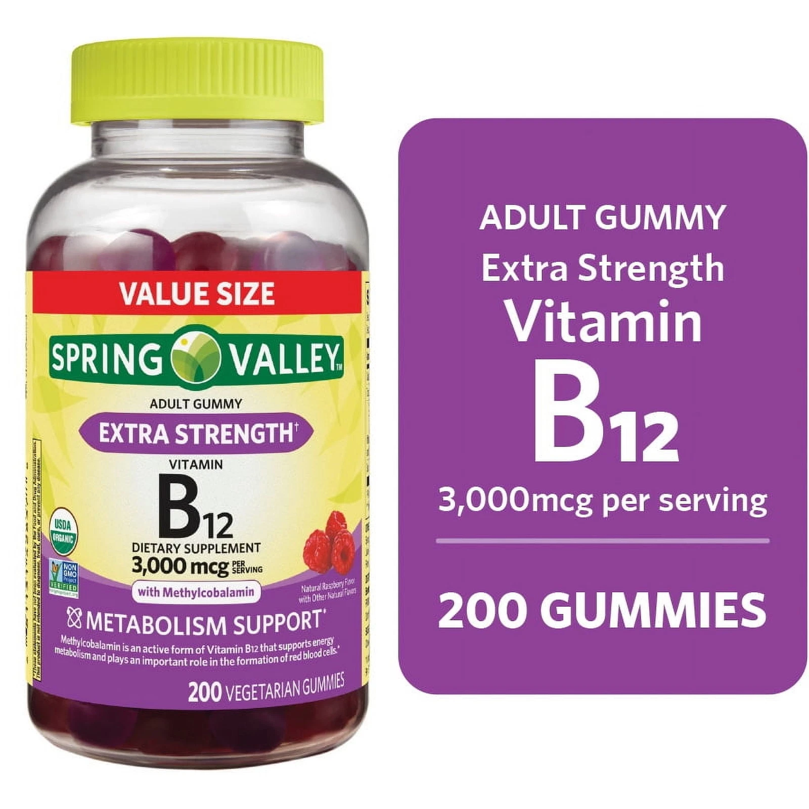 Spring Valley Extra Strength Vitamin B12 Vegetarian Gummies 3000mcg 200Ct