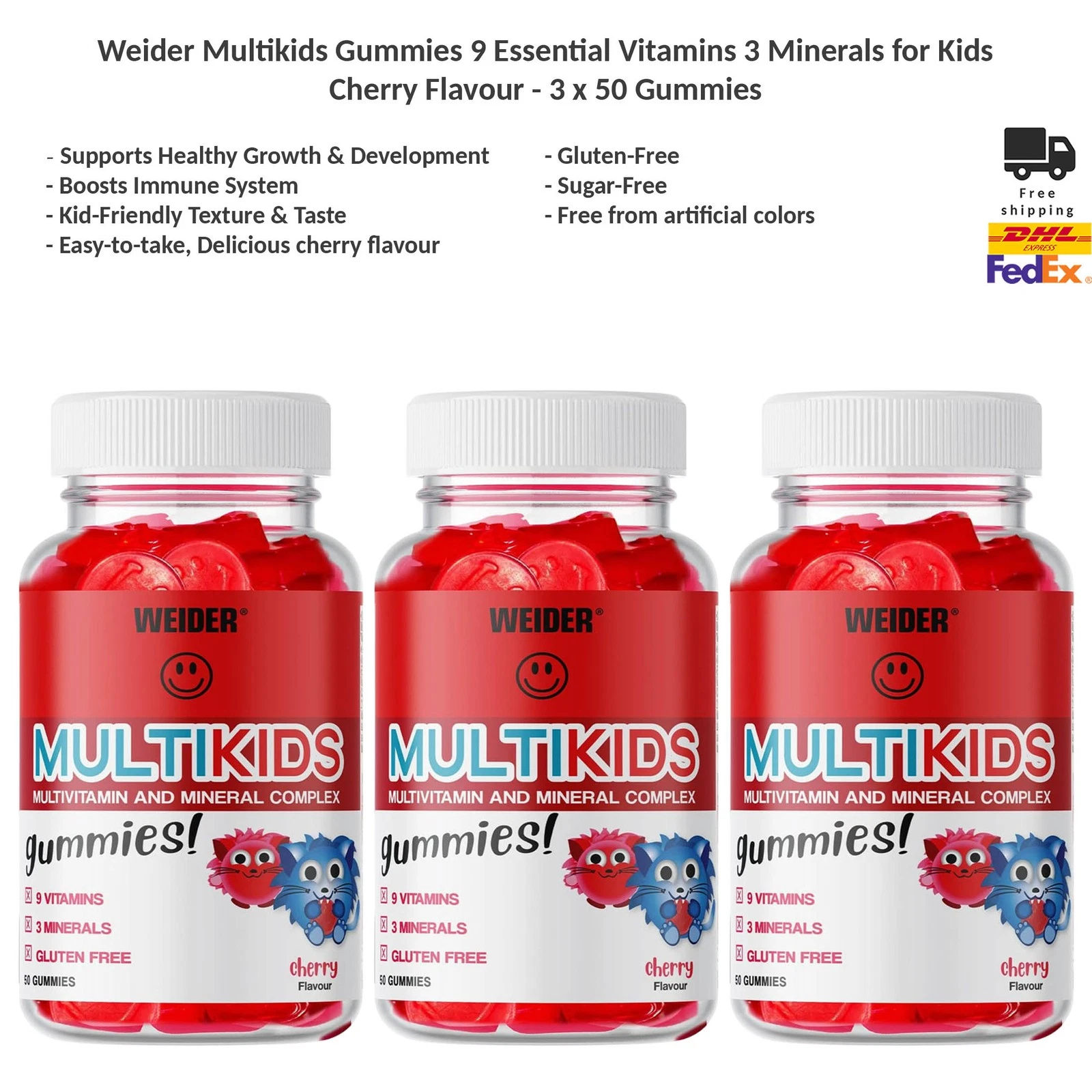 Weider Multikids Gummies Daily Multivitamin Support for Kids, Cherry Flavor x3