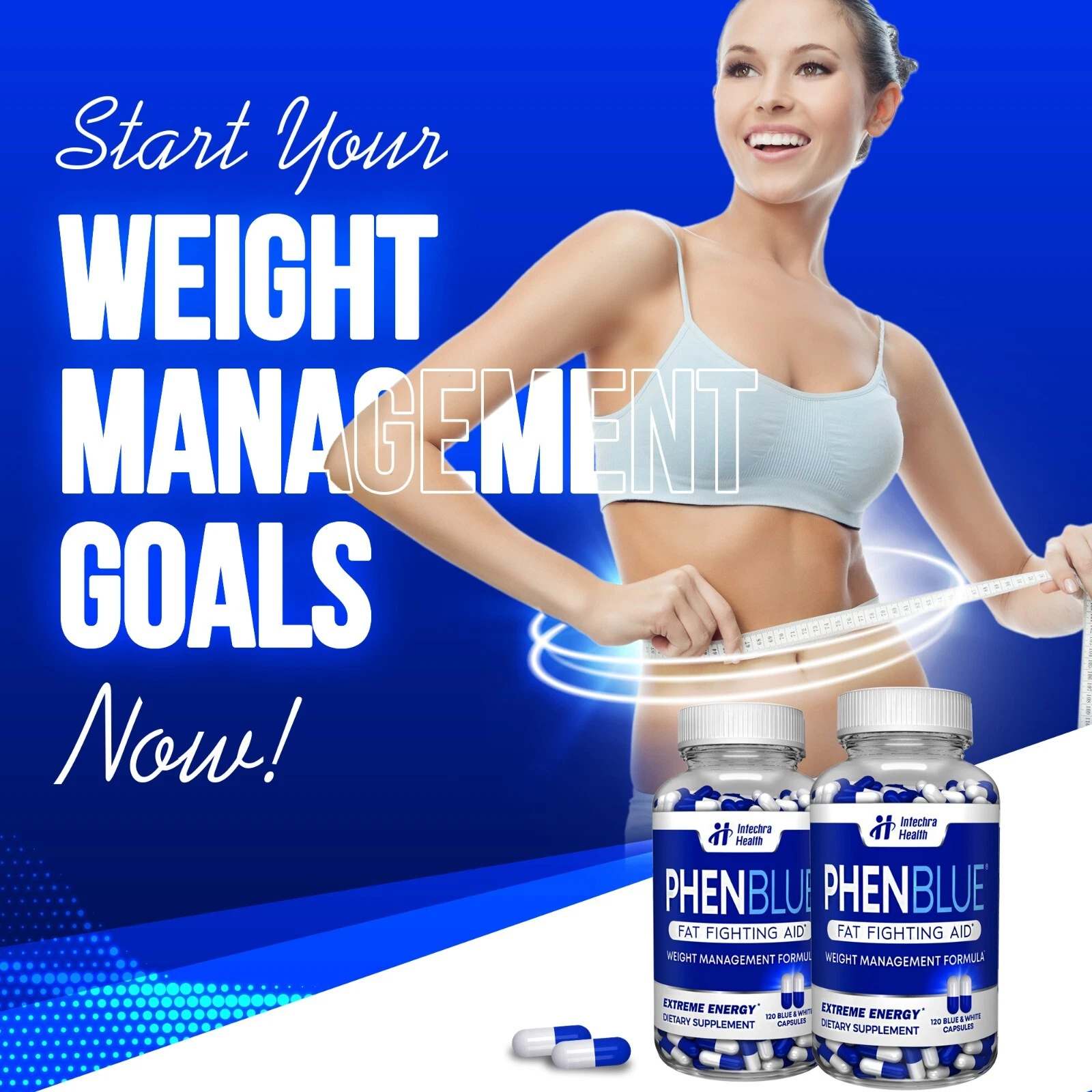 PHENBLUE Weight Management Diet Pills PLUS Energy 120 Blue/White Capsules