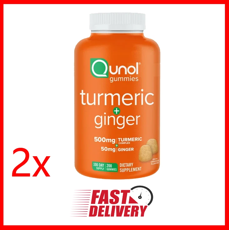 2x Qunol Turmeric Plus Ginger, 200 Gummies, 500 mg Bioenhanced Turmeric Complex