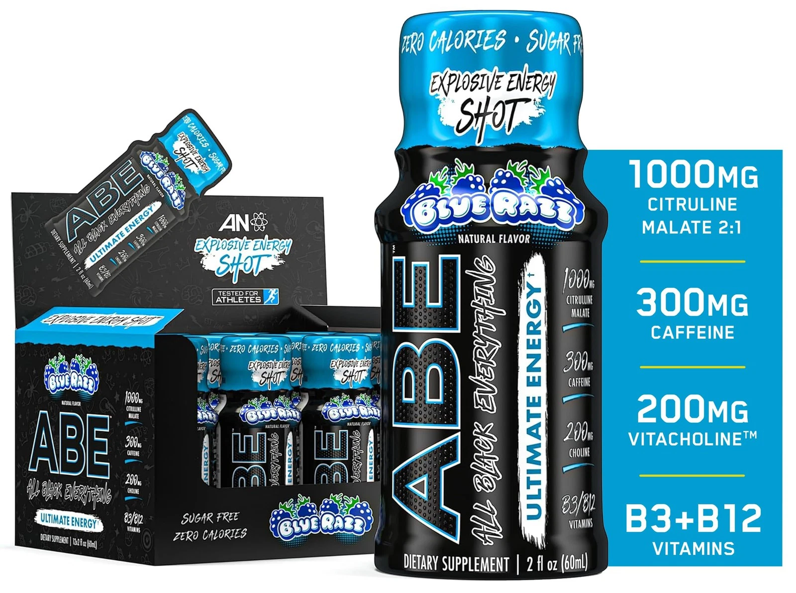 All Black Everything Energy Shots | 12 Pack | 300mg Caffeine | Blue Razz