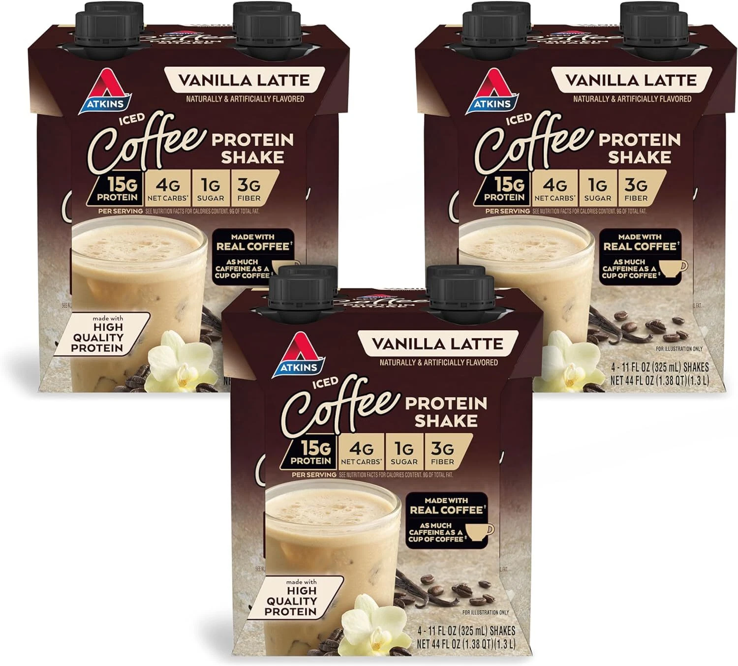 (12 Pack) Atkins Iced Coffee Vanilla Latte Immune Nutrition Protein Shake, 11 Oz