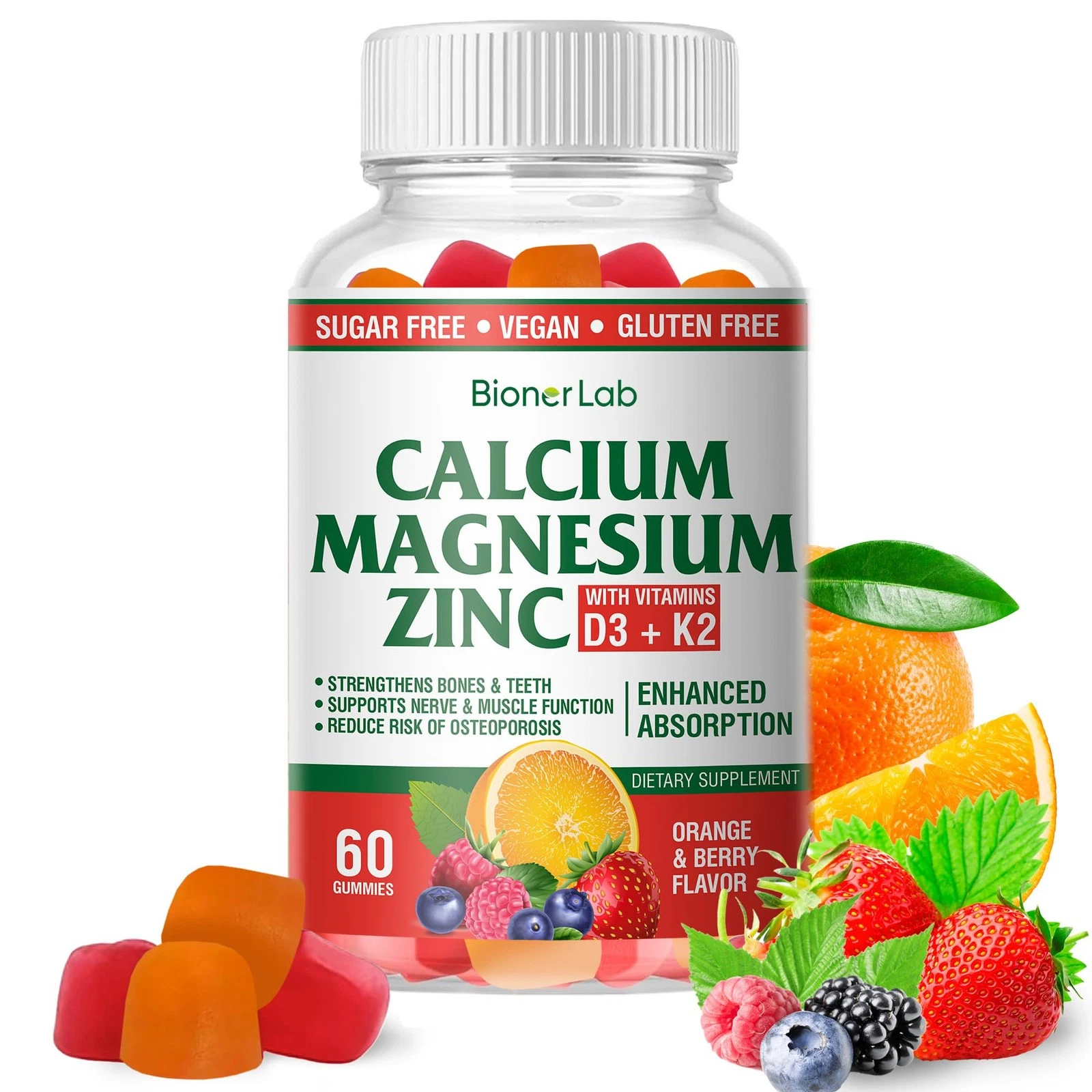 BionerLab Calcium Magnesium Zinc Gummies with Vitamin D3 & K2 - High Potency Enh