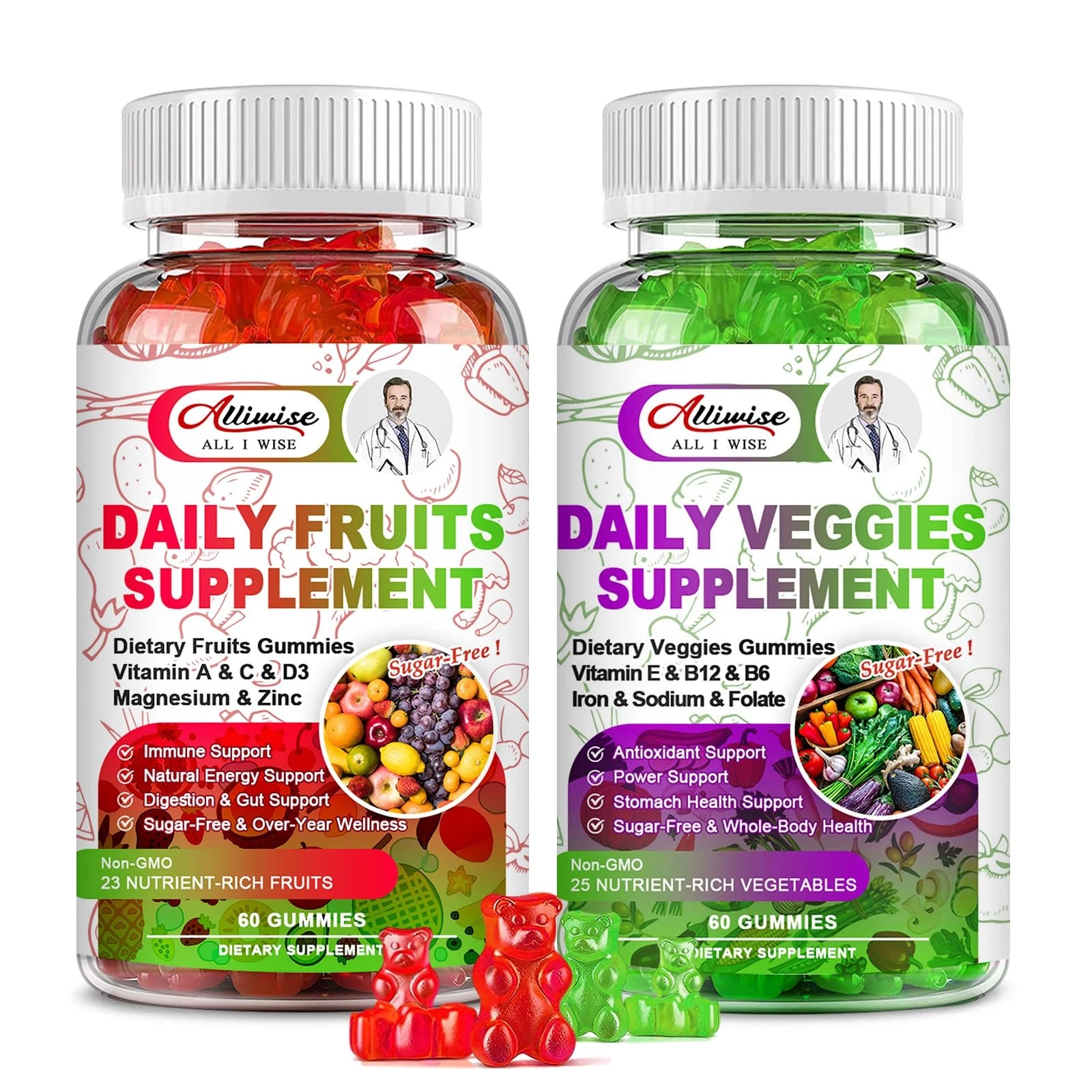 Sugar-Free Fruits and Veggies Gummies Supplement, Multi-Vitamins & Minerals in G