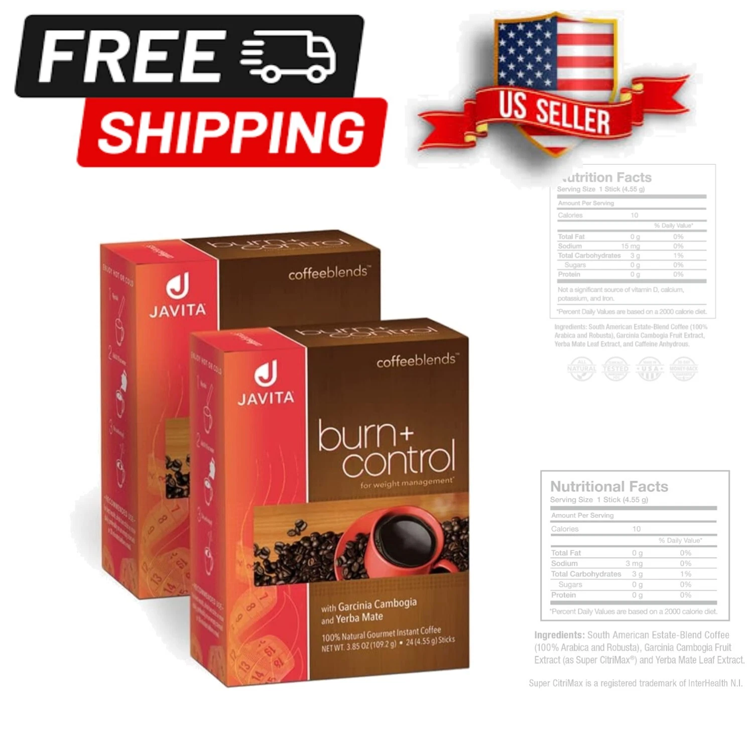 Burn + Control Instant Coffee with Garcinia Cambogia - 48 Sticks for Weight Loss