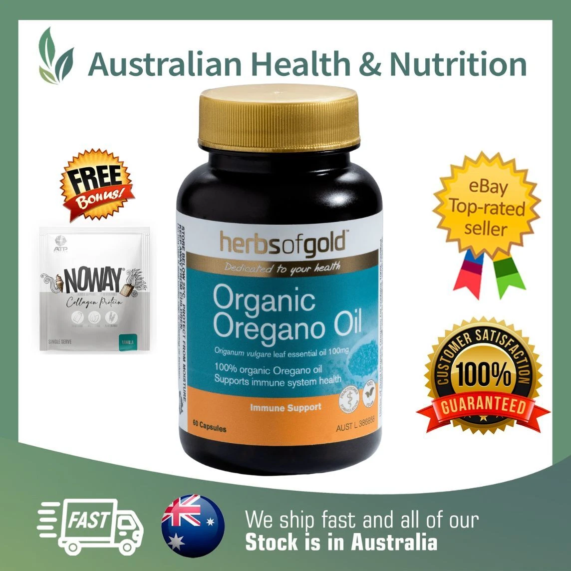 [145942295148] HERBS OF GOLD ORGANIC OREGANO OIL 60 CAPS + FREE SAME DAY SHIPPING & SAMPLE